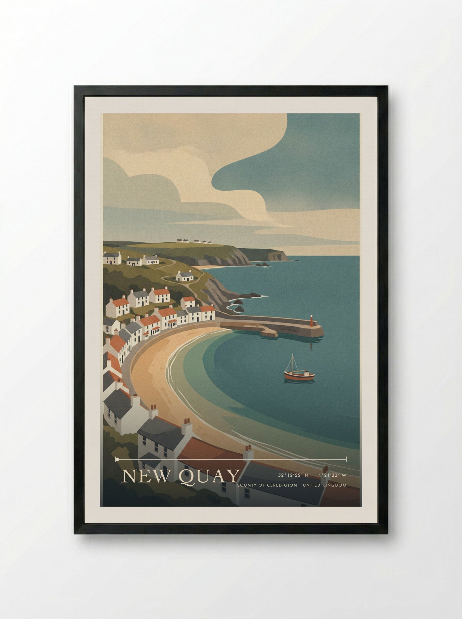 New Quay County of Ceredigion United Kingdom Travel Poster - Framed Print Black