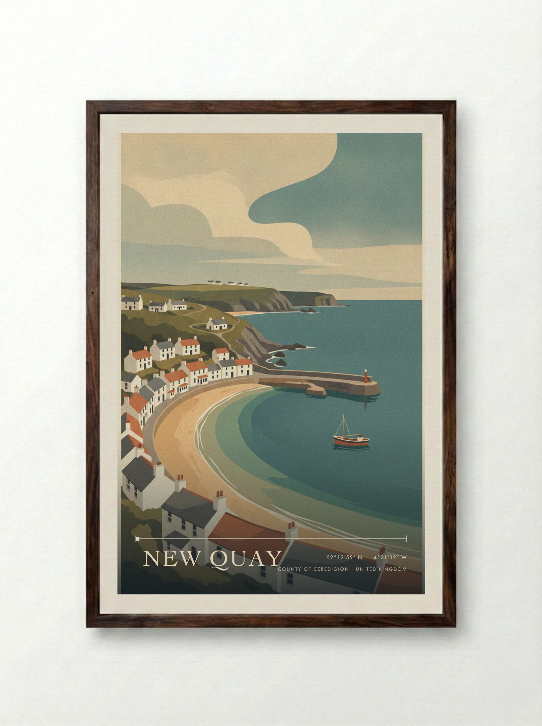 New Quay County of Ceredigion United Kingdom Travel Poster - Framed Print Dark Wood