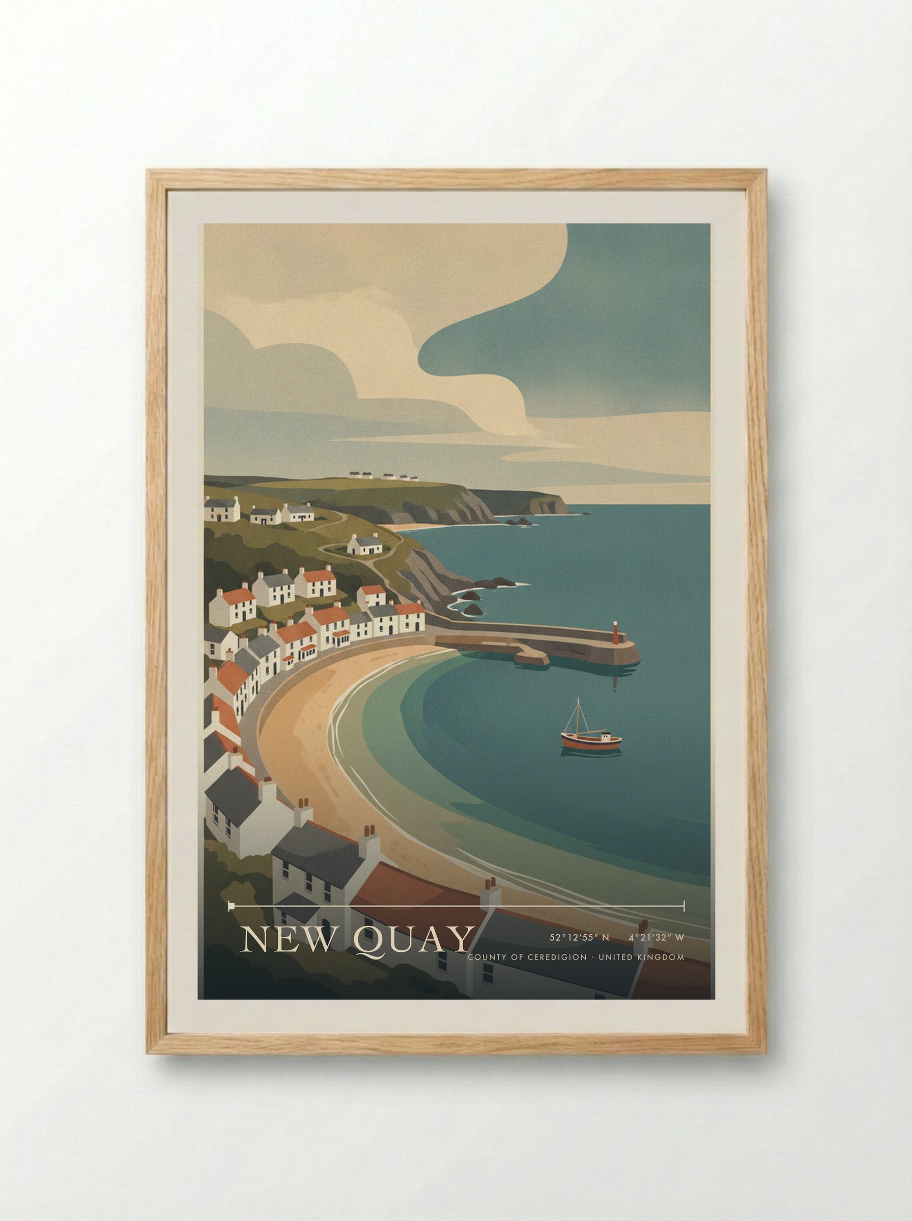 New Quay County of Ceredigion United Kingdom Travel Poster - Framed Print Wood