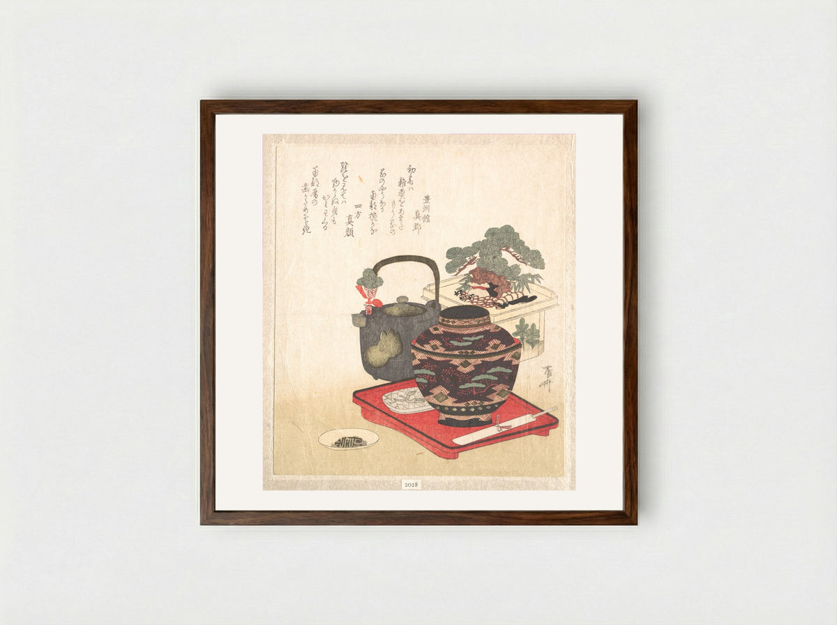 New Year Decorations and Tablewares - Ryūryūkyo Shinsai - Framed Print Dark Wood