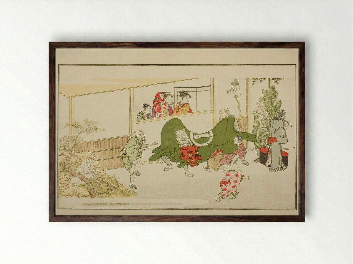 New Year Street-Performers - Kitagawa Utamaro - Framed Print Dark Wood