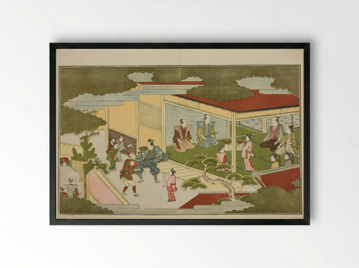 New Year in a Samurai Mansion - Kitagawa Utamaro - Framed Print Black