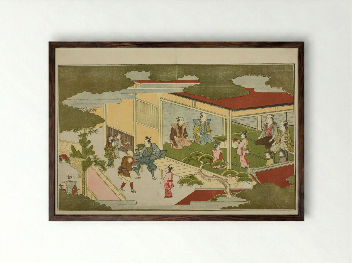 New Year in a Samurai Mansion - Kitagawa Utamaro - Framed Print Dark Wood