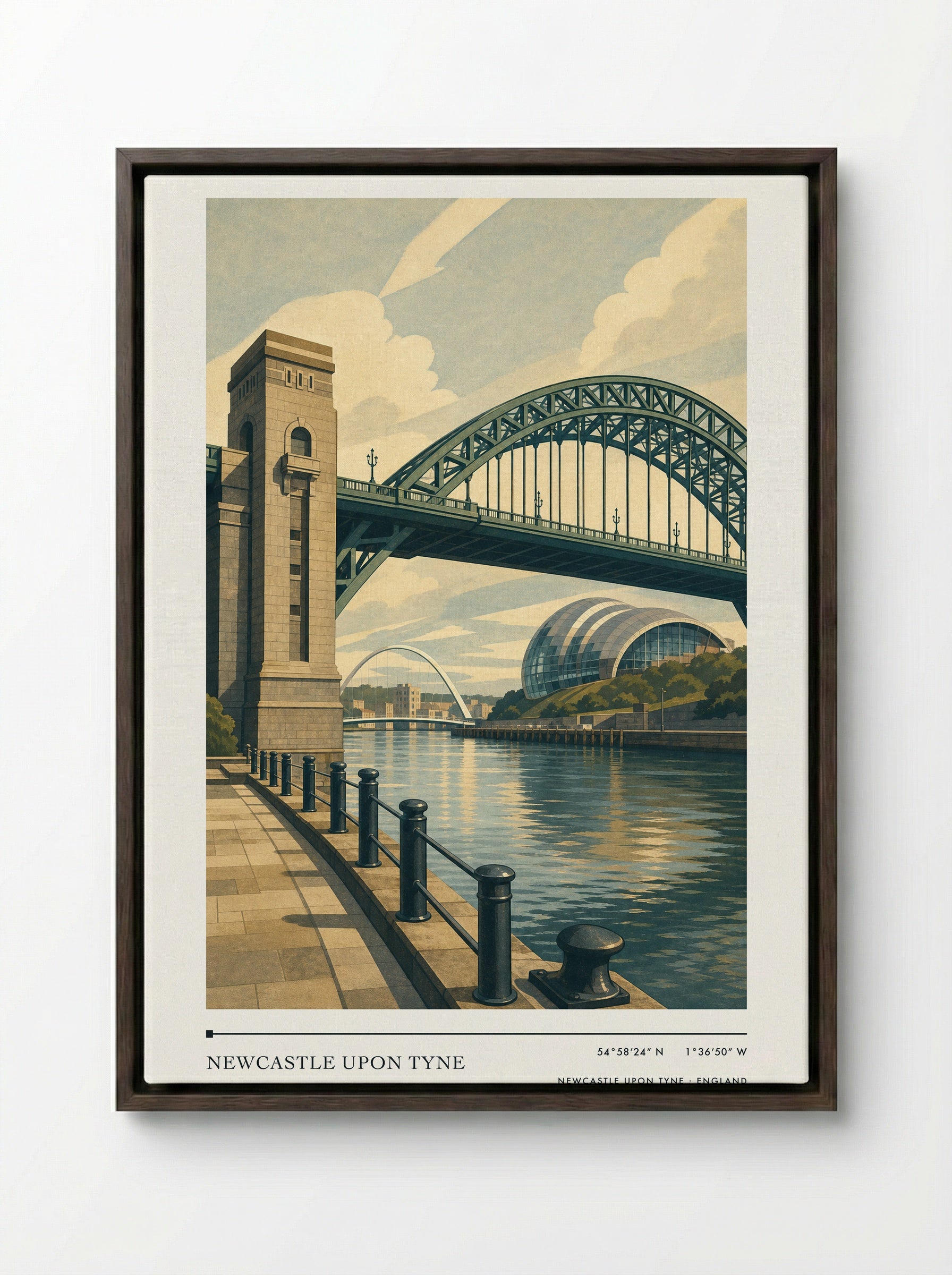 Newcastle upon Tyne England Travel Poster - Framed Canvas Dark Wood