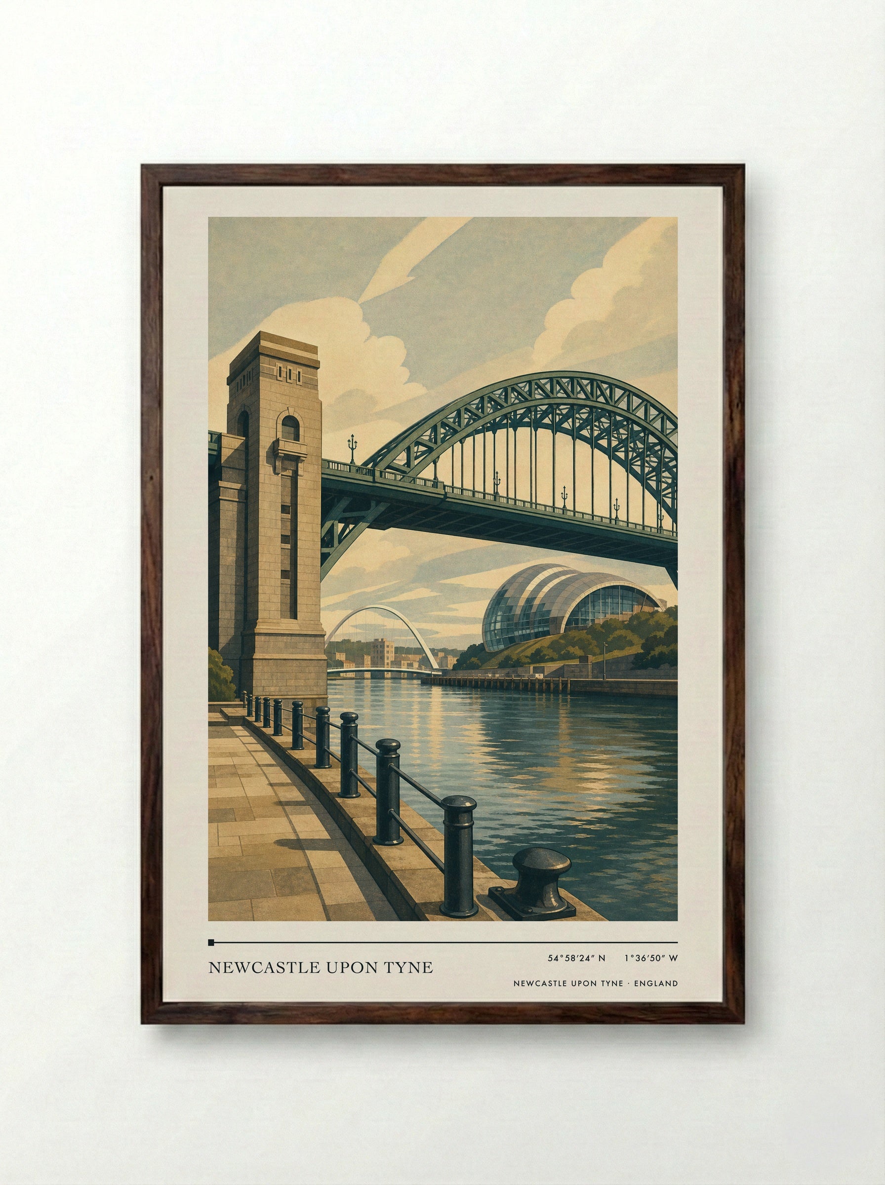 Newcastle upon Tyne England Travel Poster - Framed Print Dark Wood