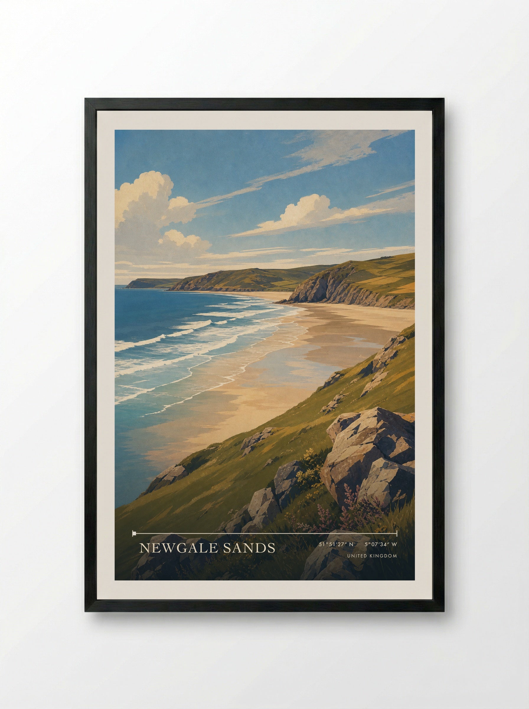 Newgale Sands United Kingdom Travel Poster - Framed Print Black