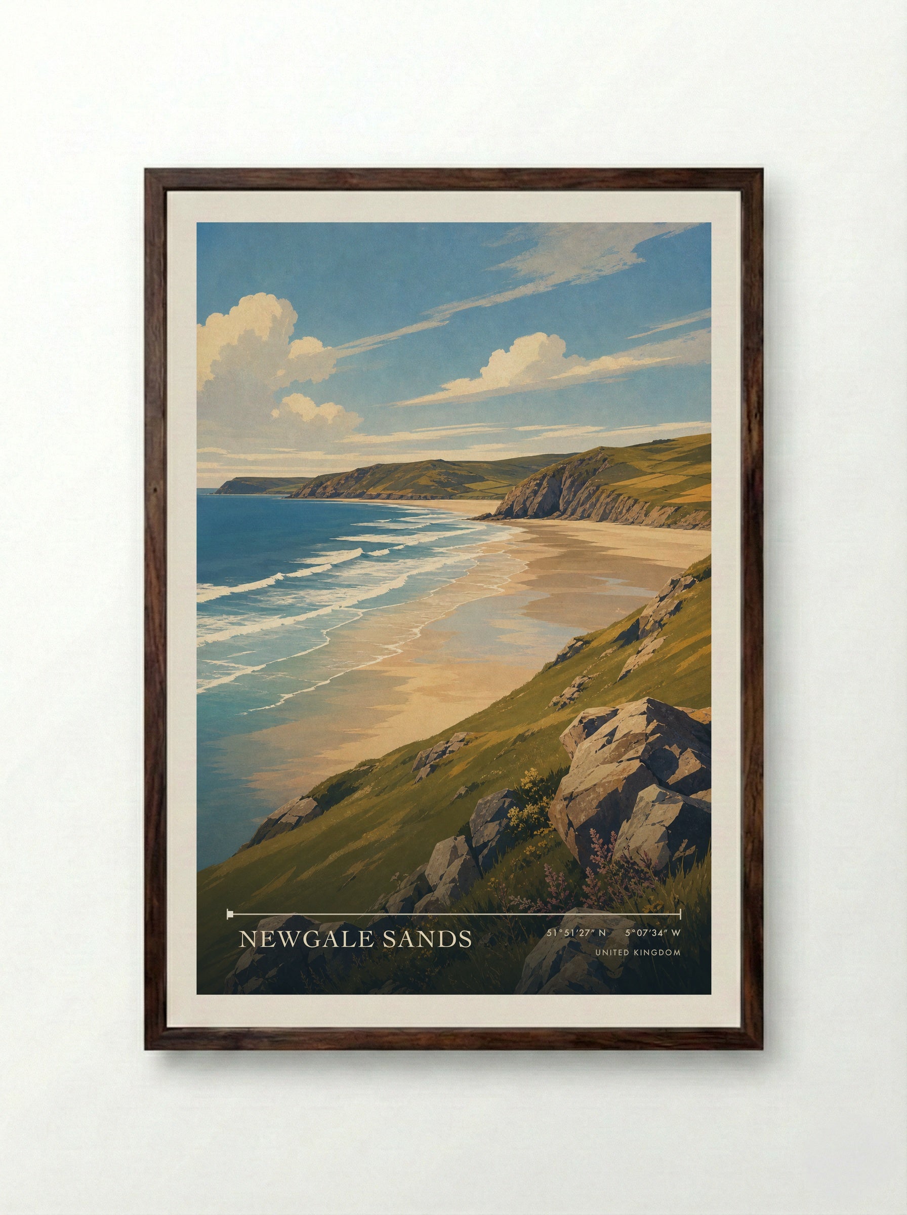 Newgale Sands United Kingdom Travel Poster - Framed Print Dark Wood