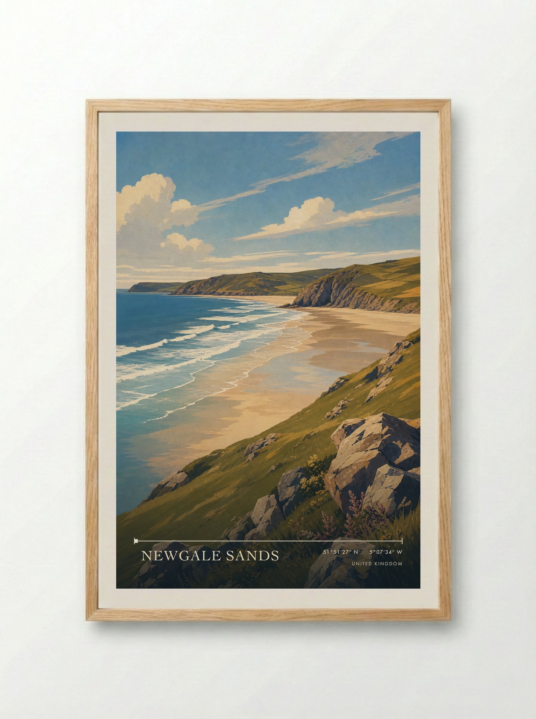 Newgale Sands United Kingdom Travel Poster - Framed Print Wood