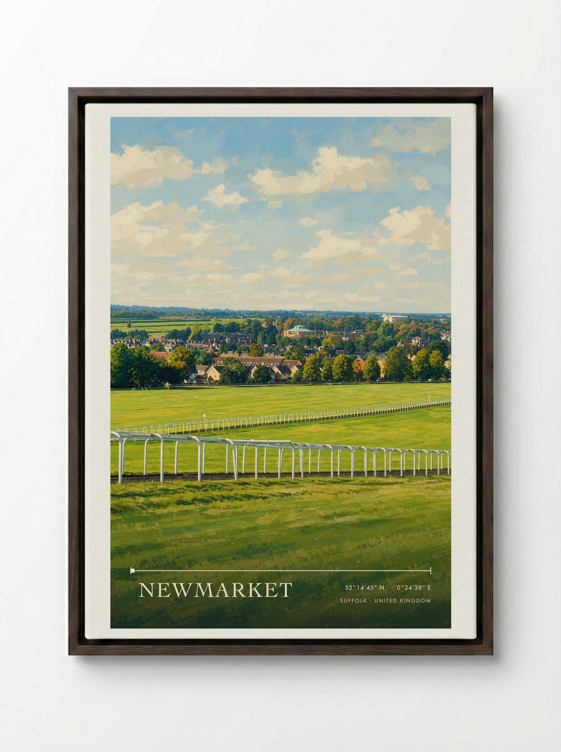 Newmarket Suffolk United Kingdom Travel Poster - Framed Canvas Dark Wood
