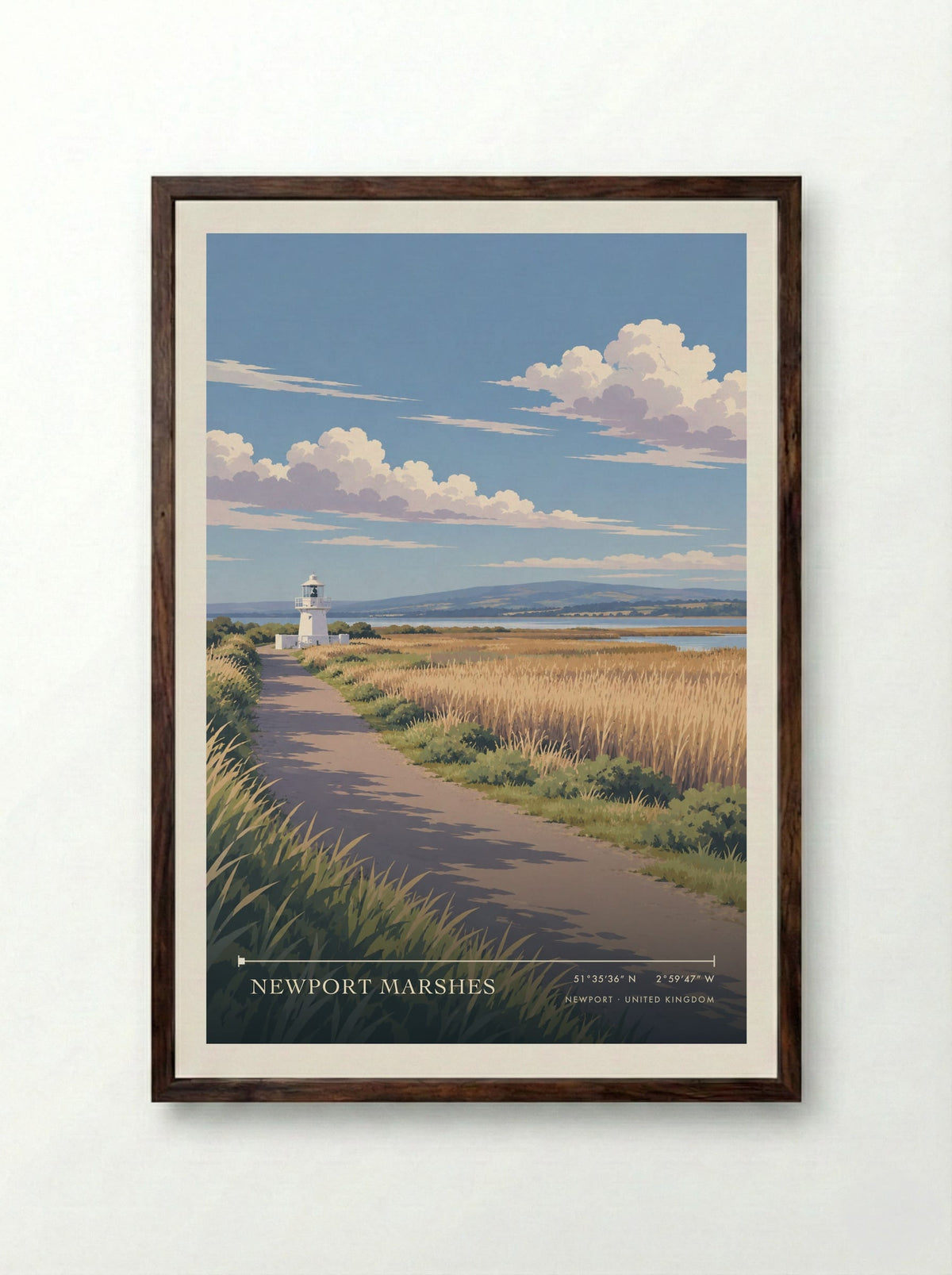 Newport Marshes | Travel Poster - Framed Print Dark Wood