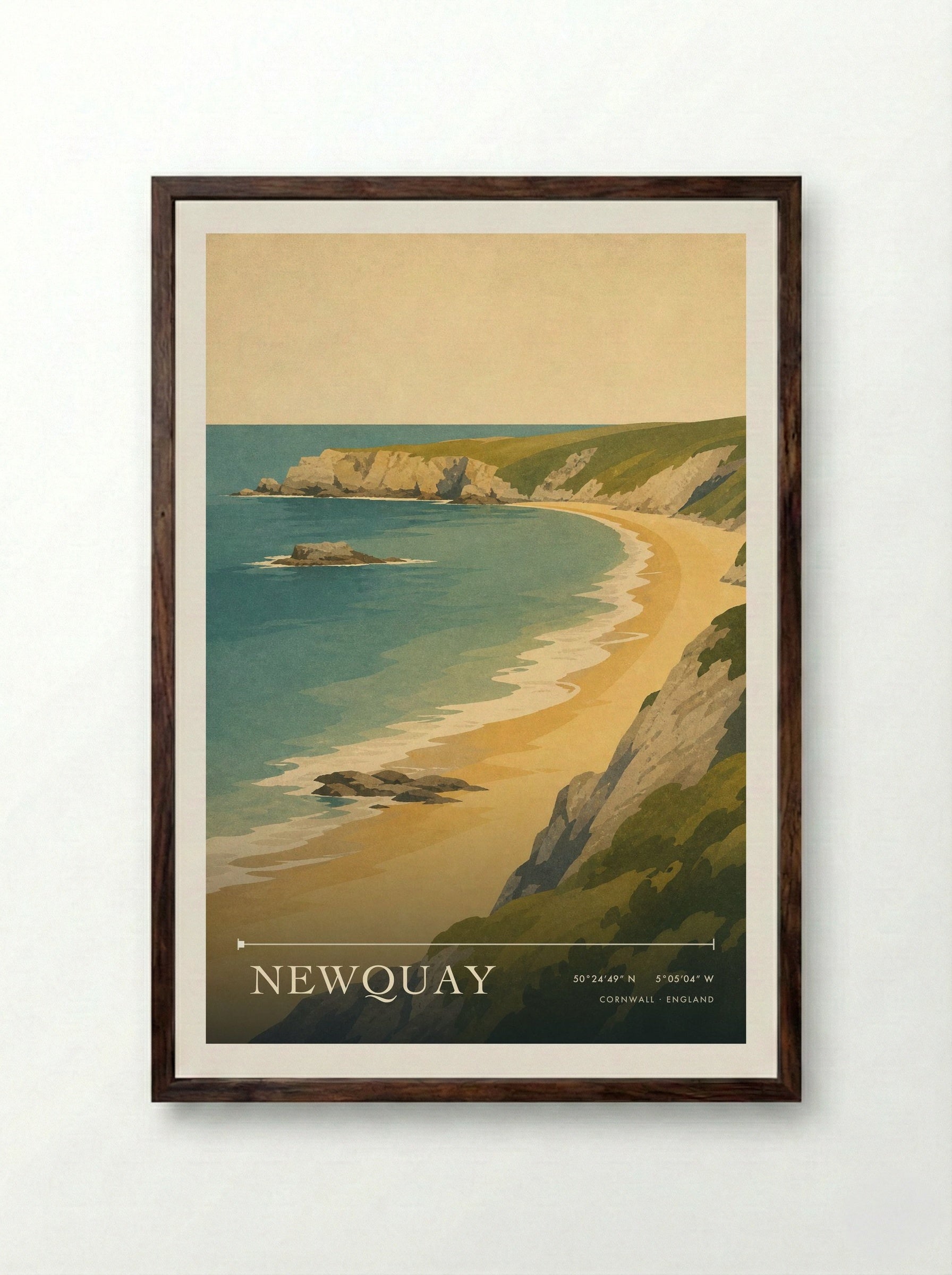 Newquay Cornwall England Travel Poster - Framed Print Dark Wood