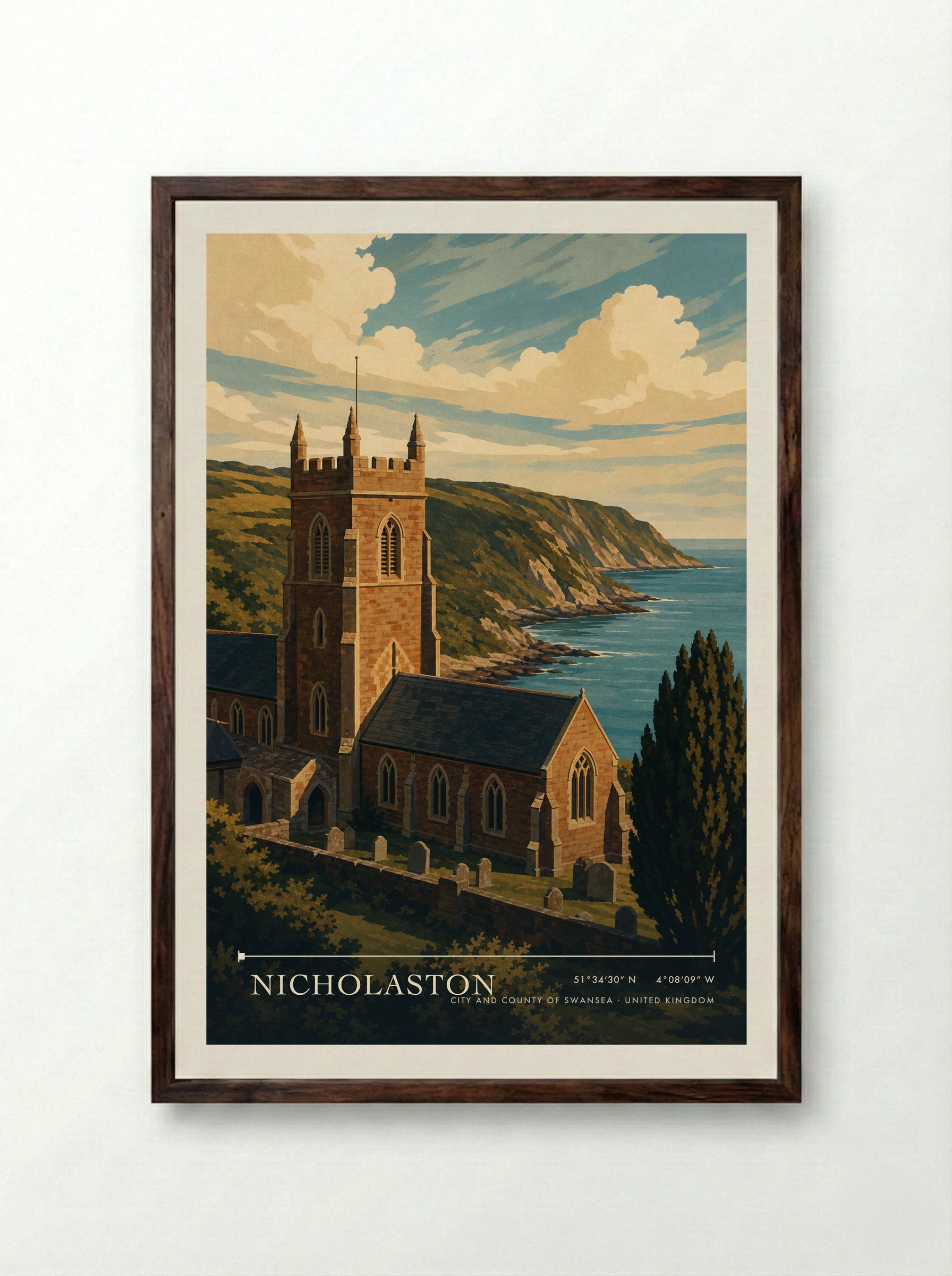 Nicholaston City and County of Swansea United Kingdom Travel Poster - Framed Print Dark Wood