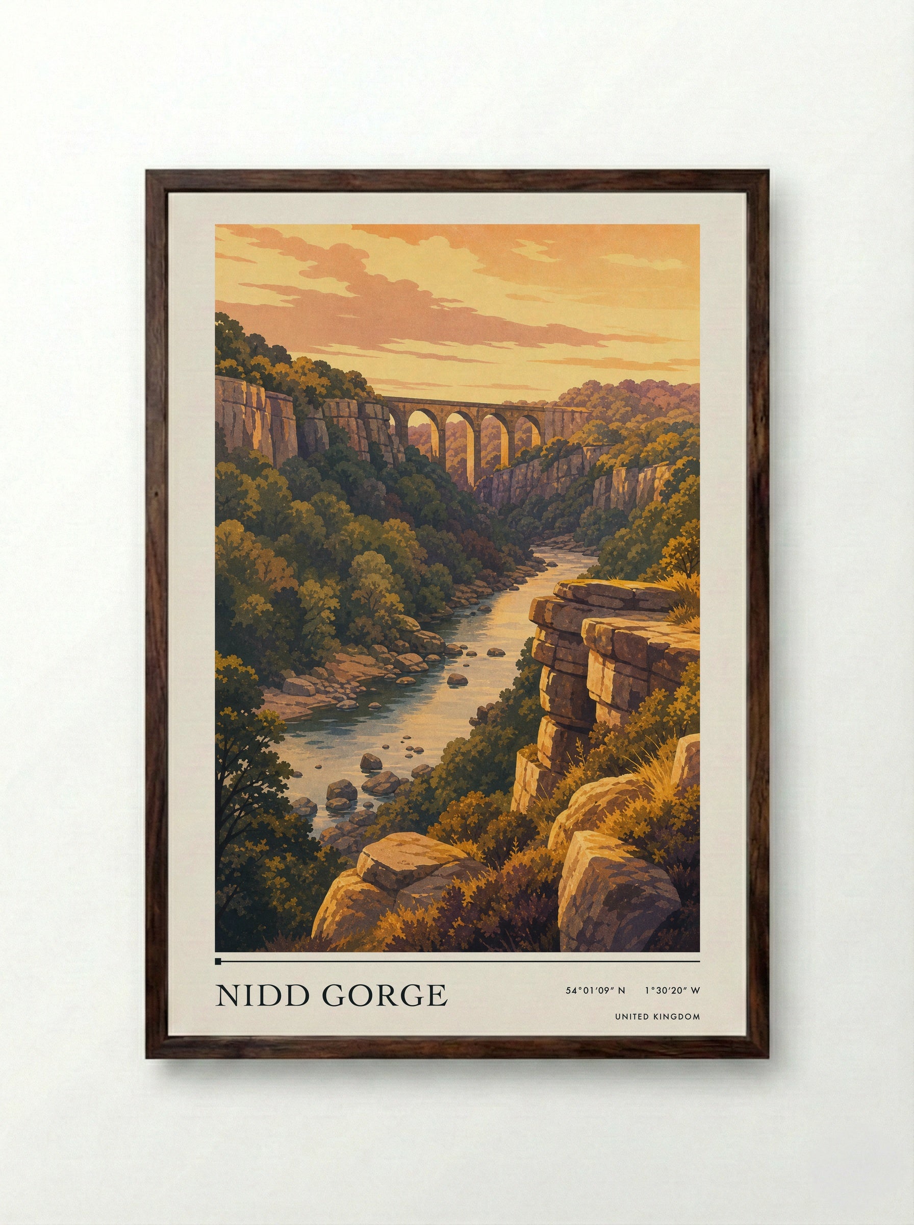 Nidd Gorge United Kingdom Travel Poster - Framed Print Dark Wood