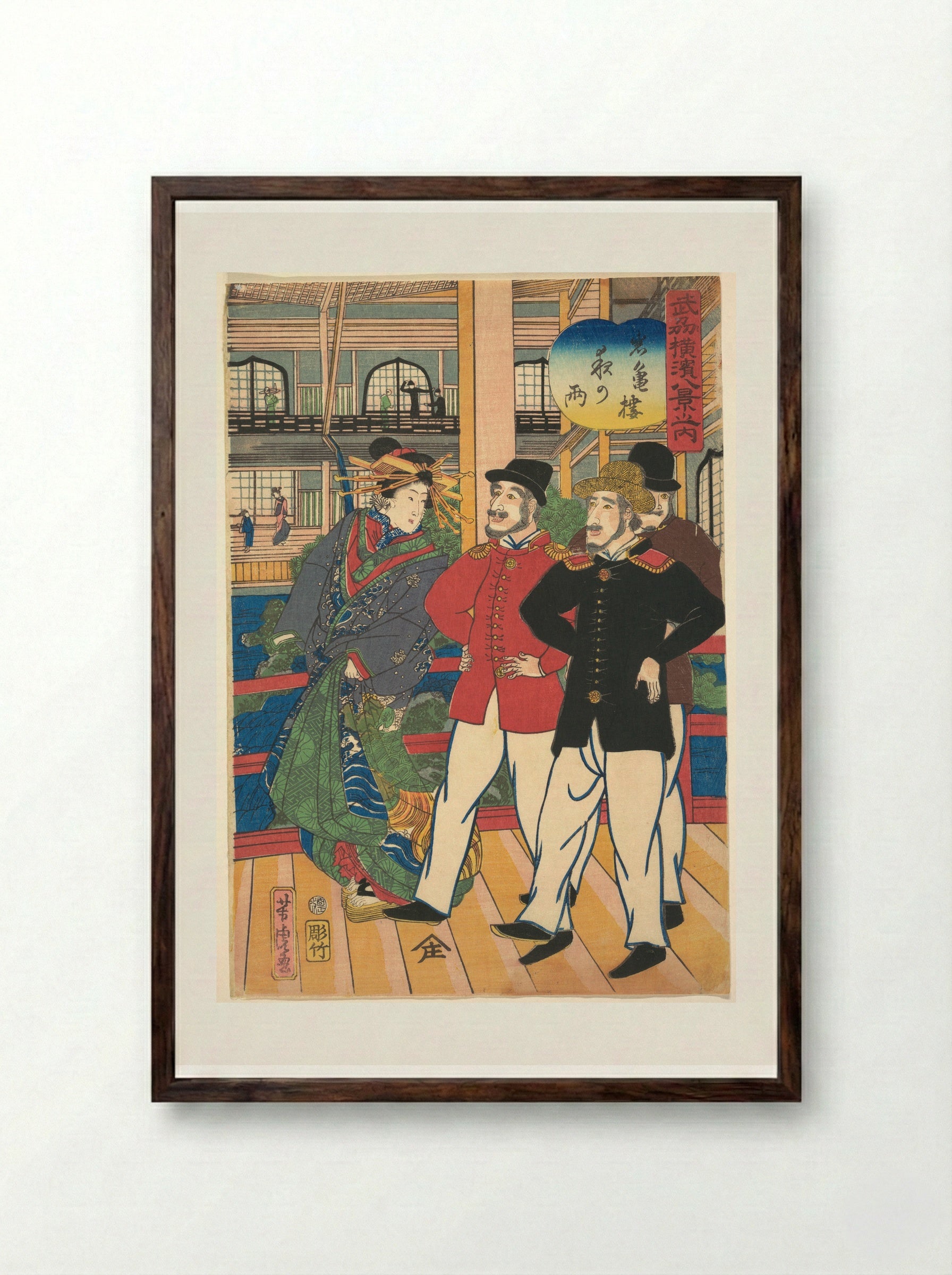 Night Rain at Gankirō - Utagawa Yoshitora - Framed Print Dark Wood
