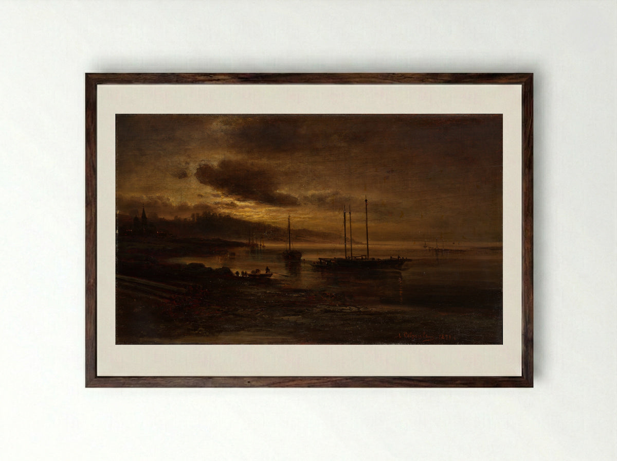 Night Scene on the Volga - Alexei Kondratievich Savrasov - Framed Print Dark Wood