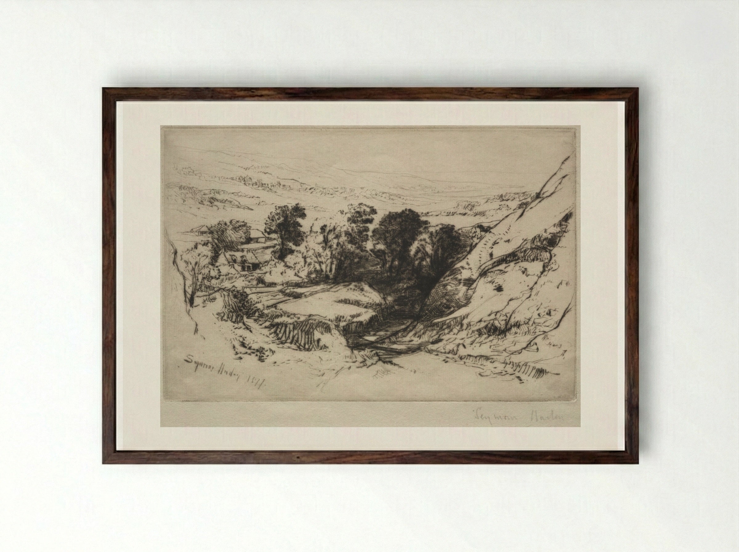 Nine Barrow Down - Francis Seymour Haden - Framed Print Dark Wood