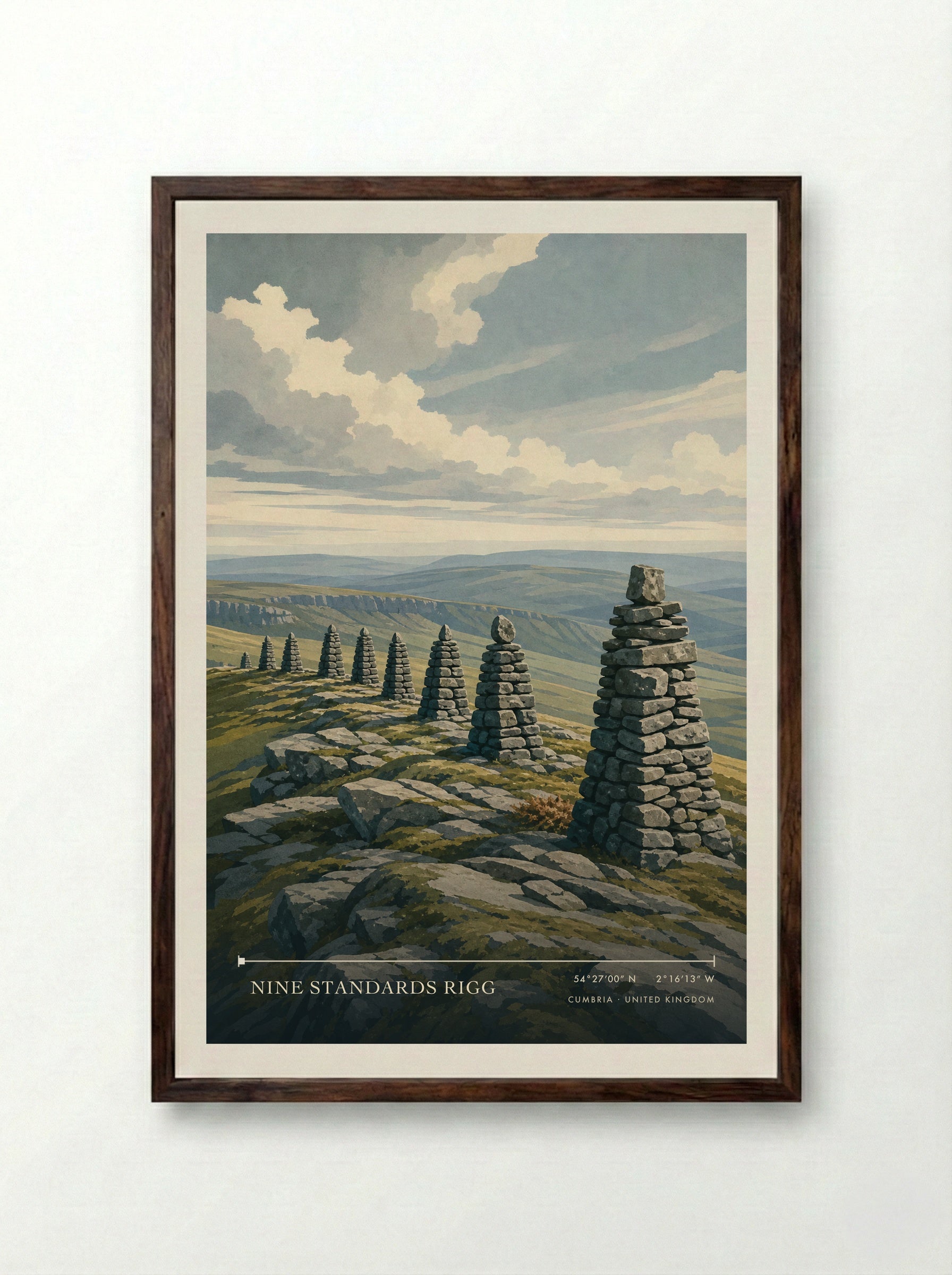Nine Standards Rigg Cumbria United Kingdom Travel Poster - Framed Print Dark Wood
