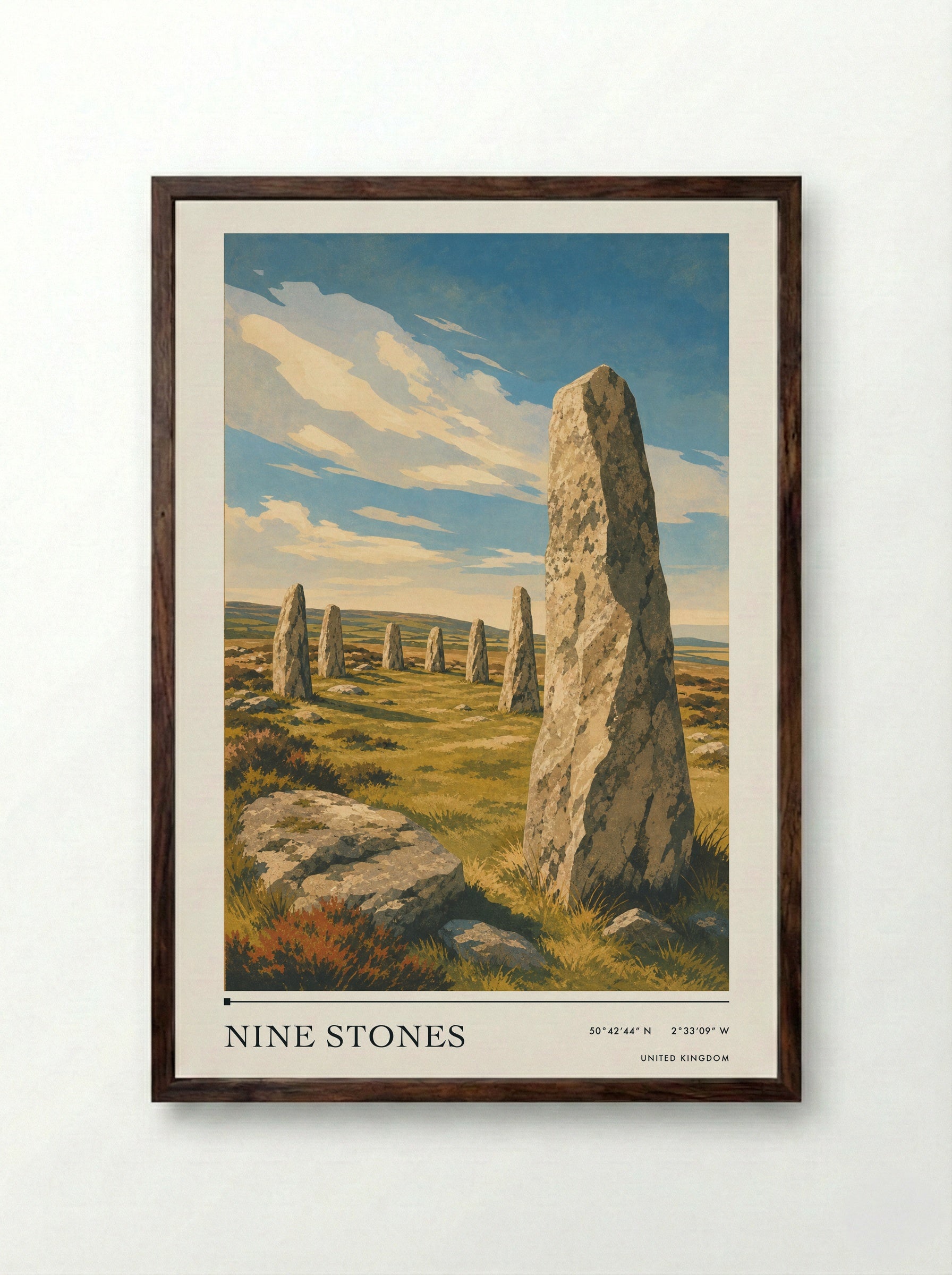 Nine Stones United Kingdom Travel Poster - Framed Print Dark Wood
