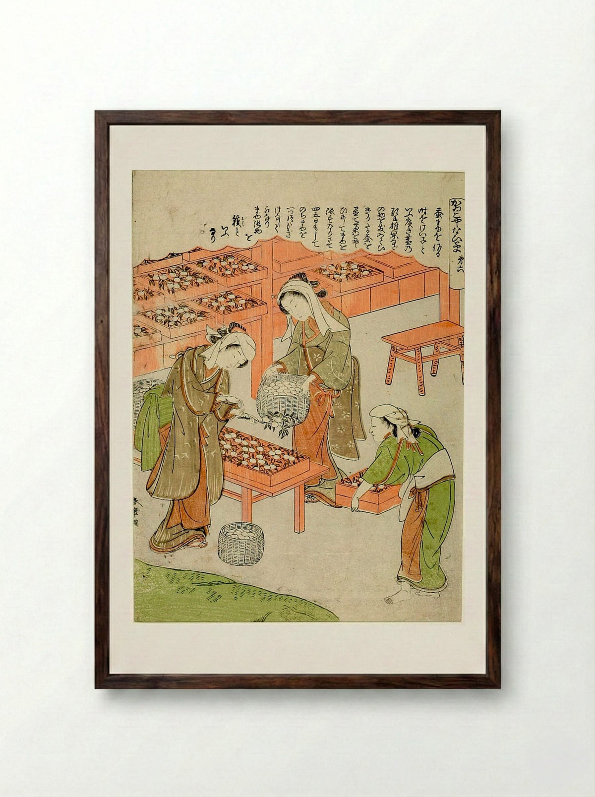 No. 6, from the series Silkworm Cultivation (Kaiko yashinai gusa) - Katsukawa Shunshō - Framed Print Dark Wood