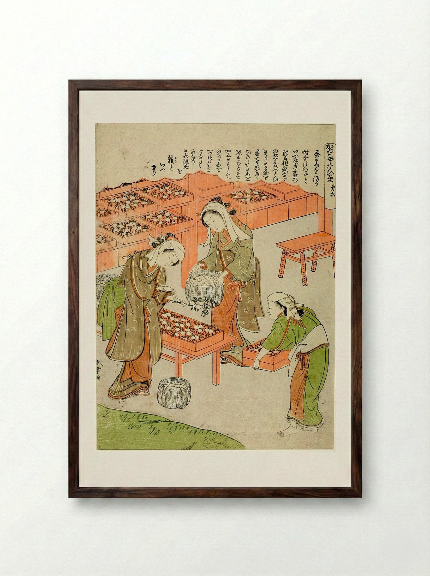 No. 6, from the series Silkworm Cultivation (Kaiko yashinai gusa) - Katsukawa Shunshō - Framed Print Dark Wood