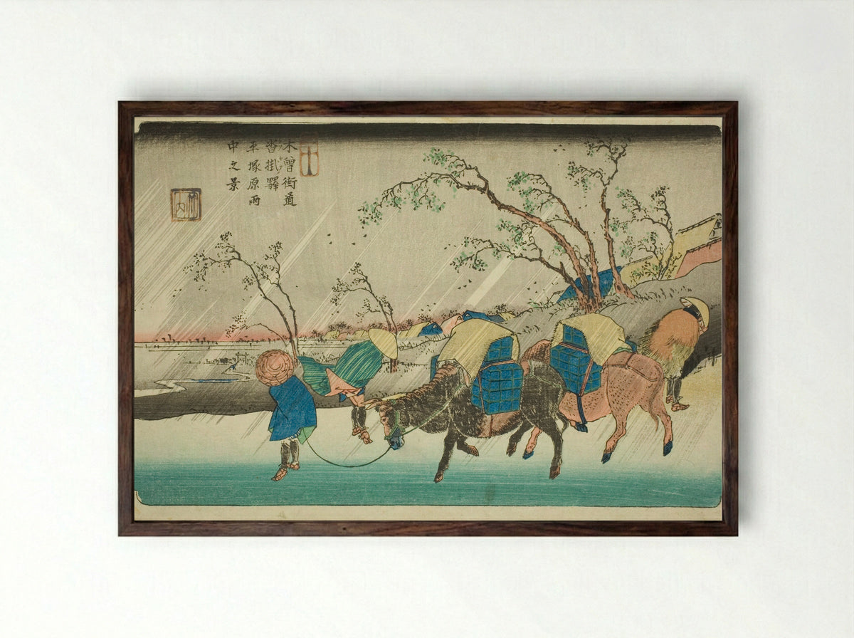 No. 20: Rain on the Hiratsuka Plain near Kutsukake Station - Keisai Eisen - Framed Print Dark Wood