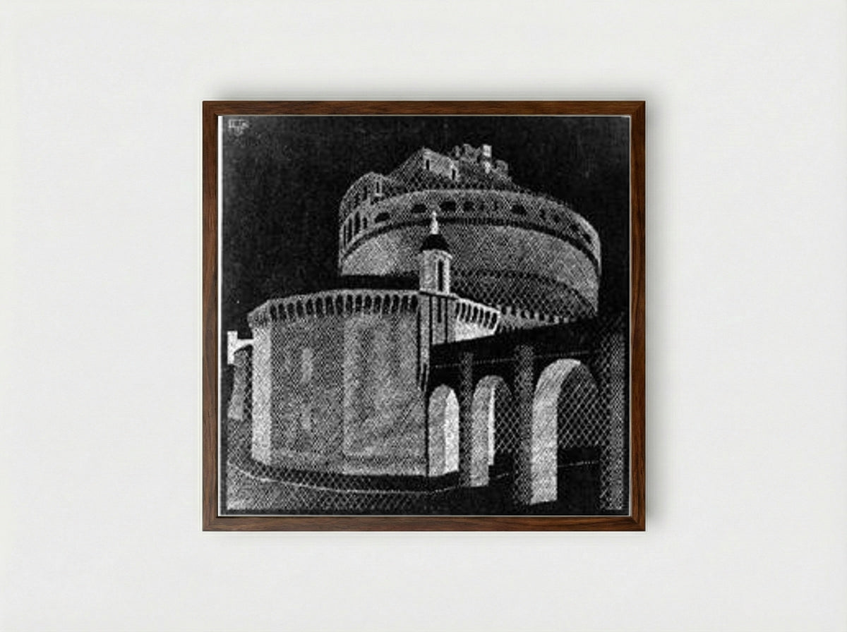 Nocturnal Rome, Castel Sant' Angelo - M.C. Escher - Framed Print Dark Wood