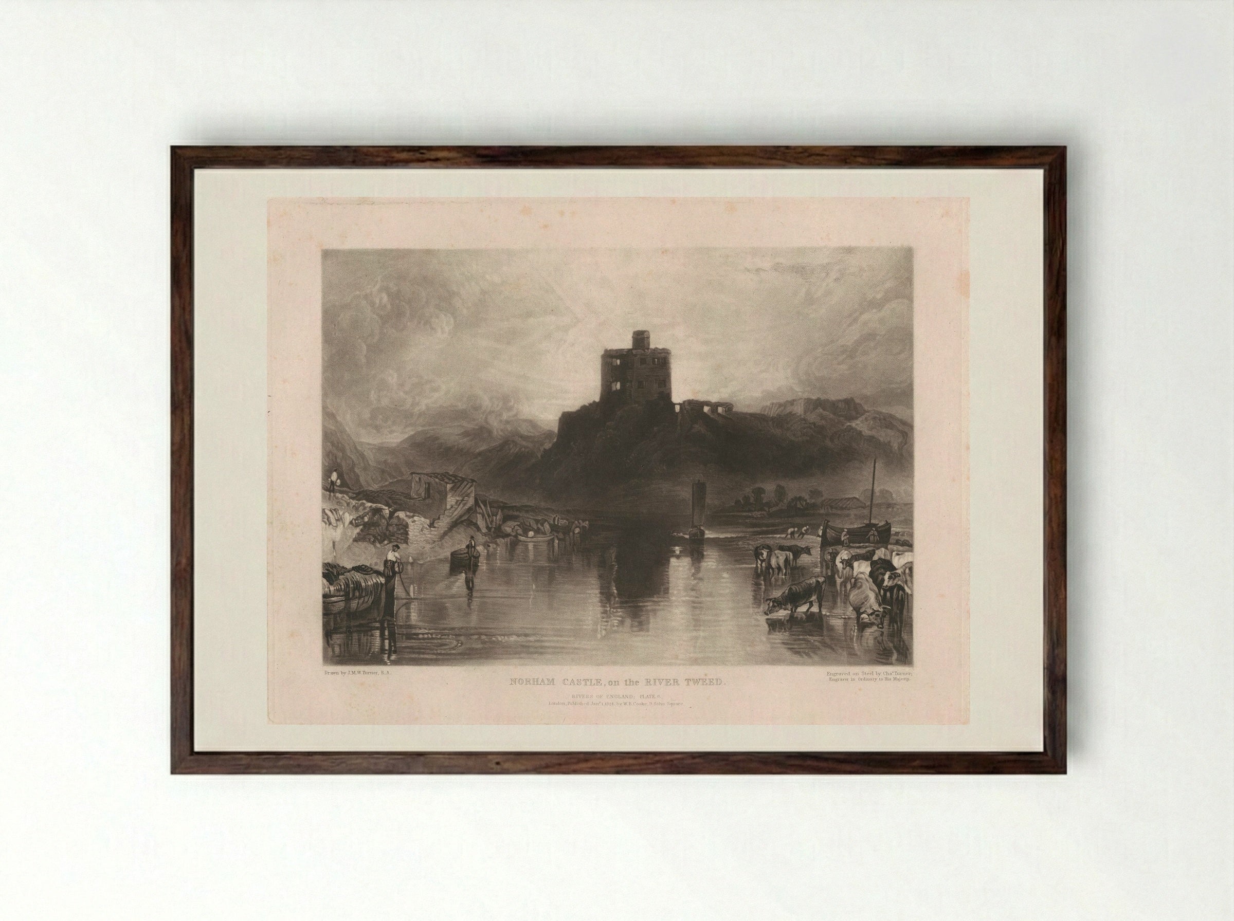 Norham Castle on the River Tweed - Charles Turner - Framed Print Dark Wood