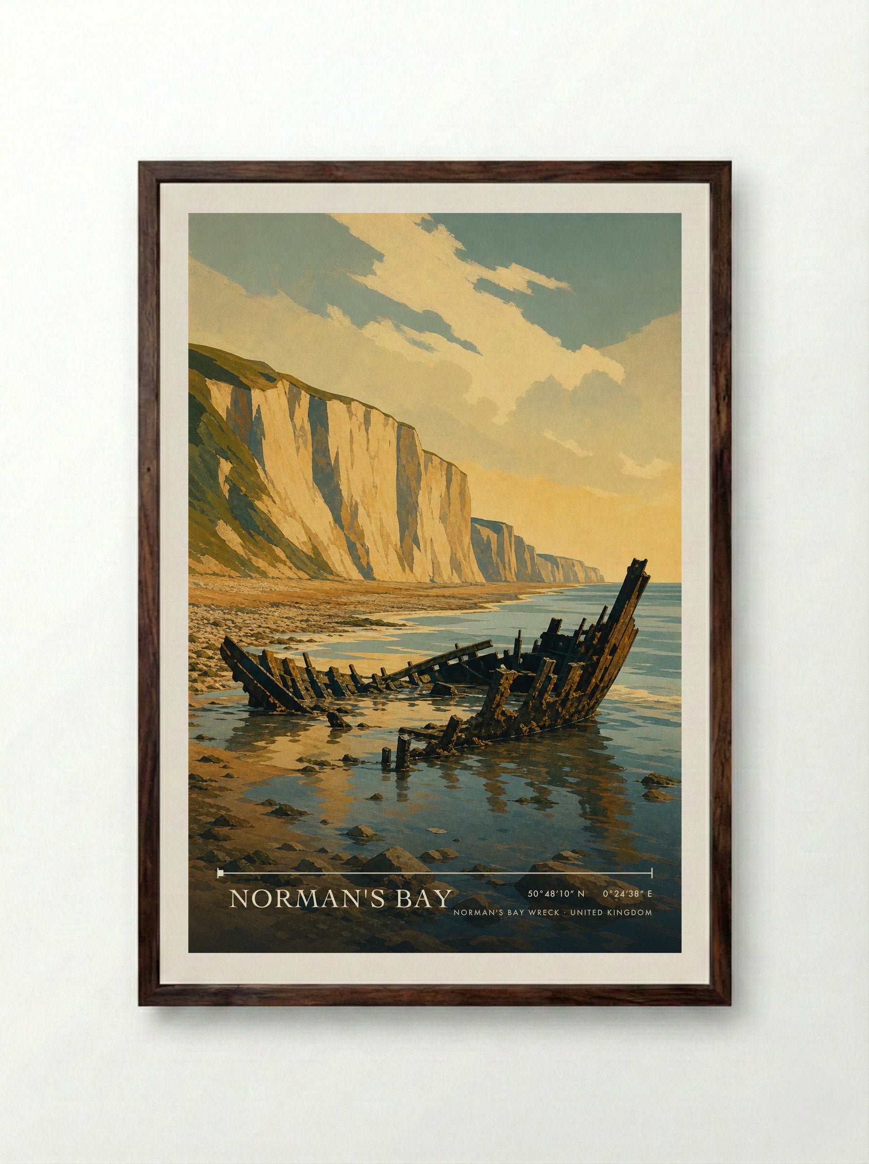 Norman's Bay Norman's Bay Wreck United Kingdom Travel Poster - Framed Print Dark Wood