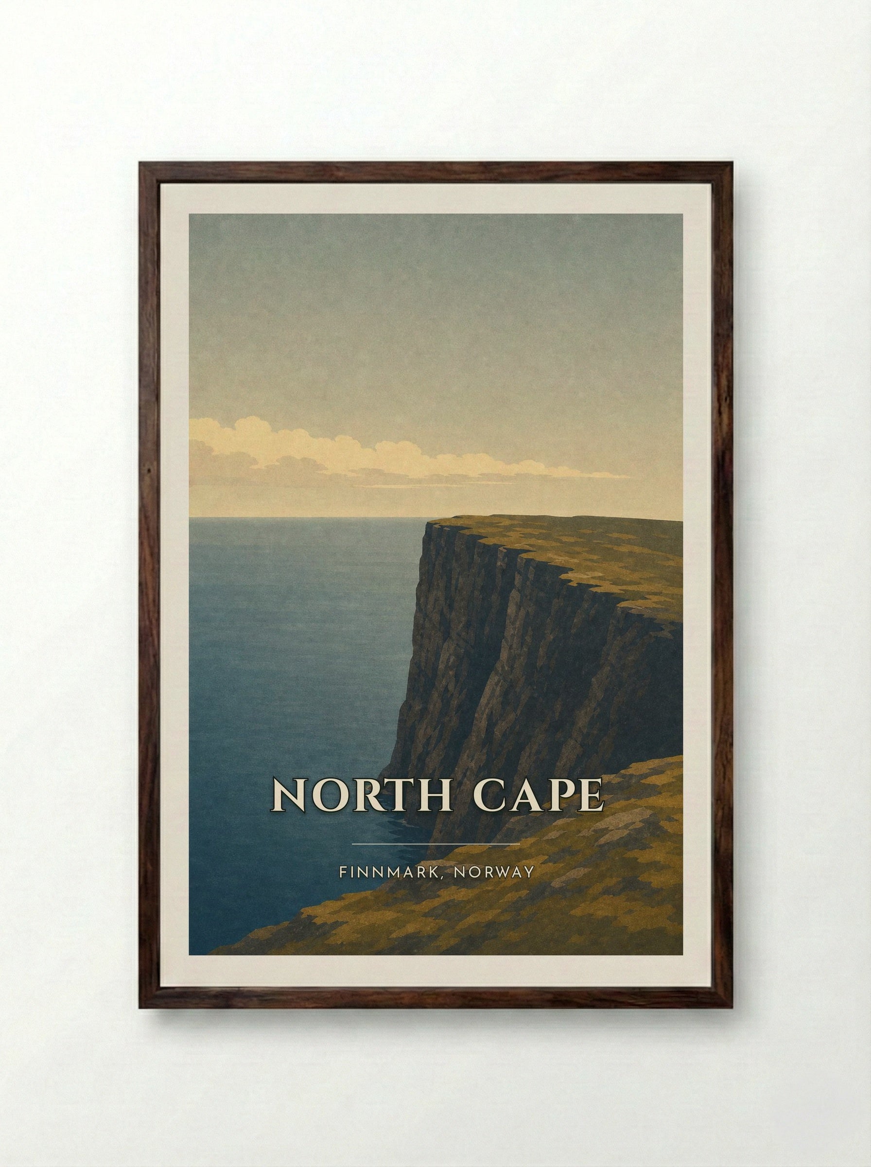 North Cape Travel Poster Artwork - Framed Print Dark Wood