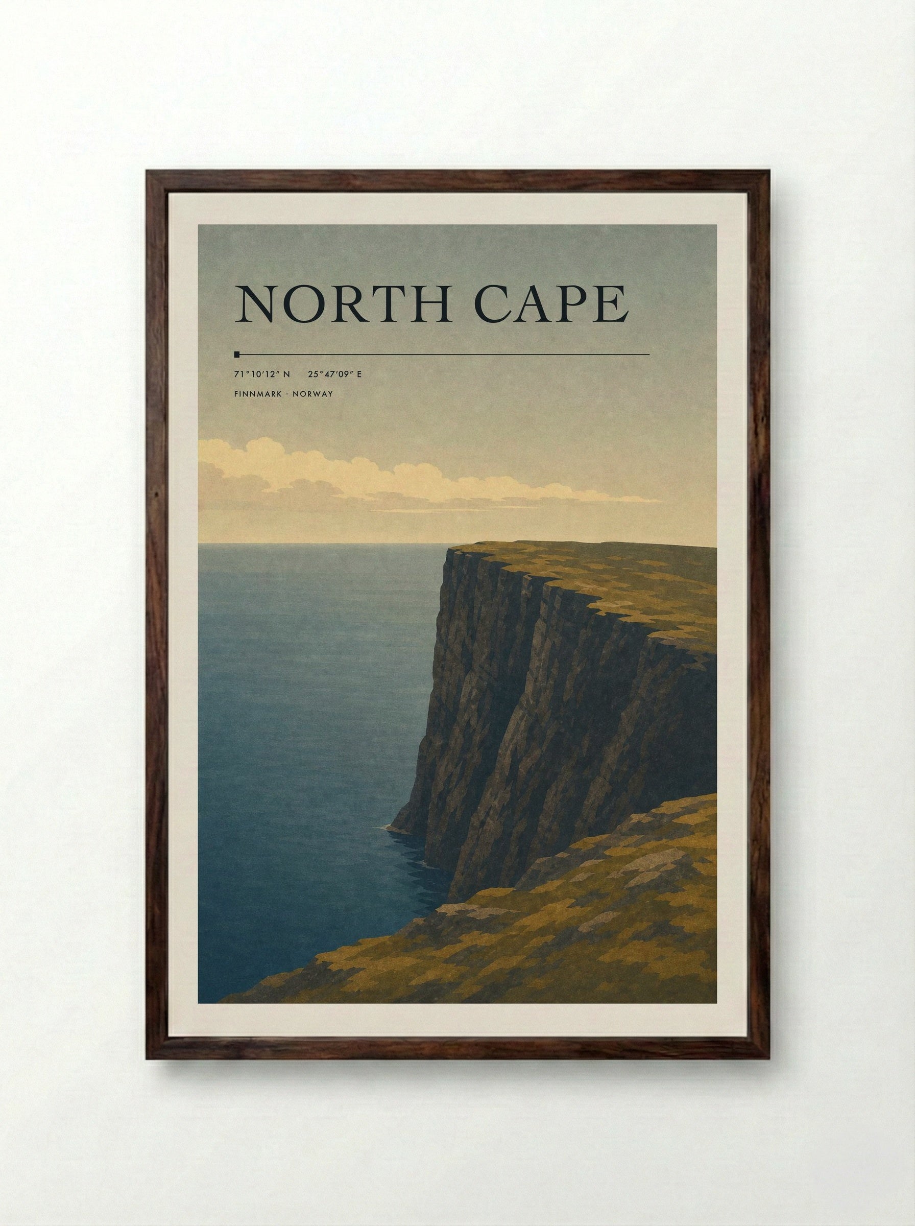 North Cape Travel Poster Artwork - Framed Print Dark Wood