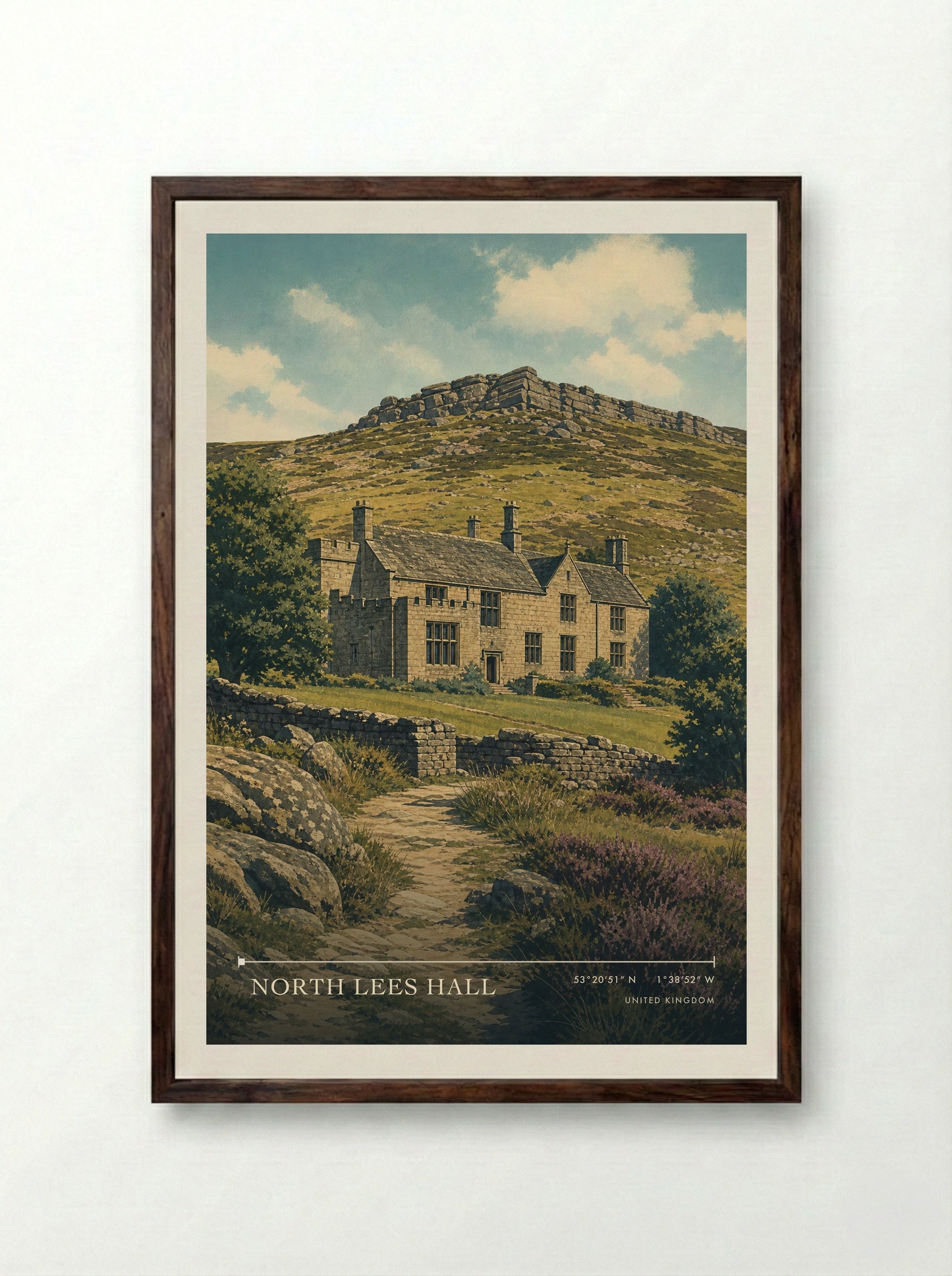 North Lees Hall United Kingdom Travel Poster - Framed Print Dark Wood