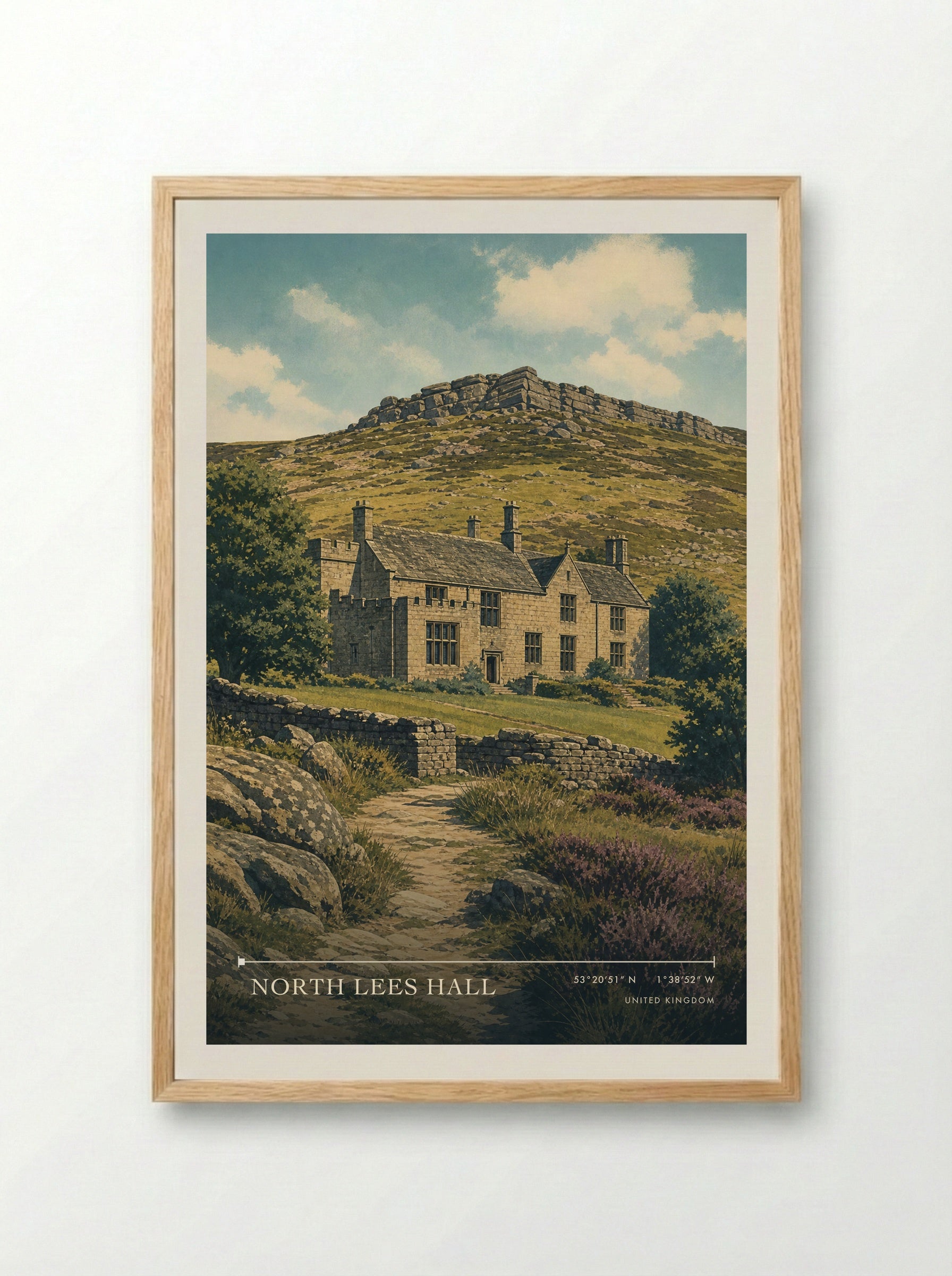 North Lees Hall United Kingdom Travel Poster - Framed Print Wood