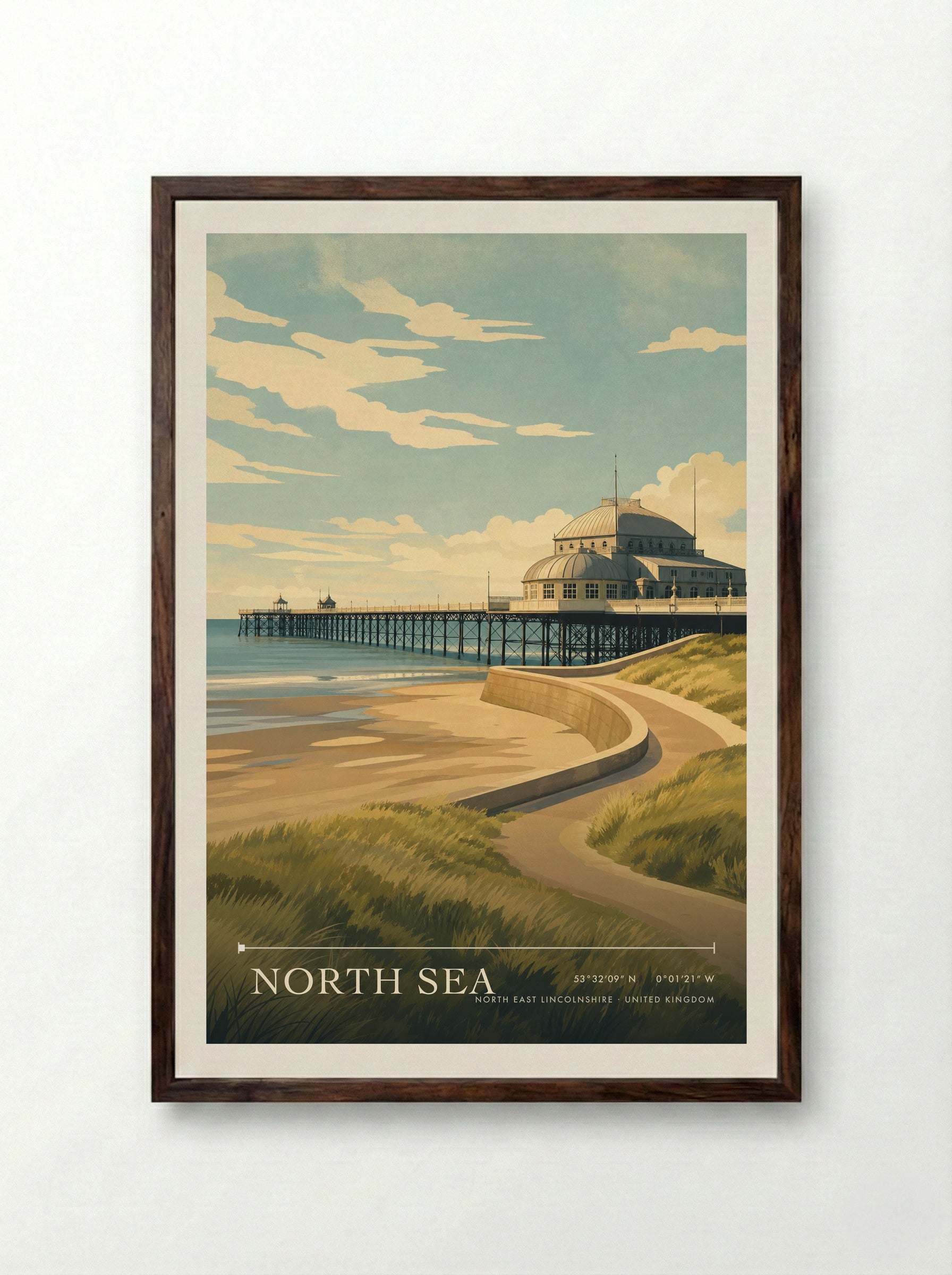 North Sea North East Lincolnshire United Kingdom Travel Poster - Framed Print Dark Wood
