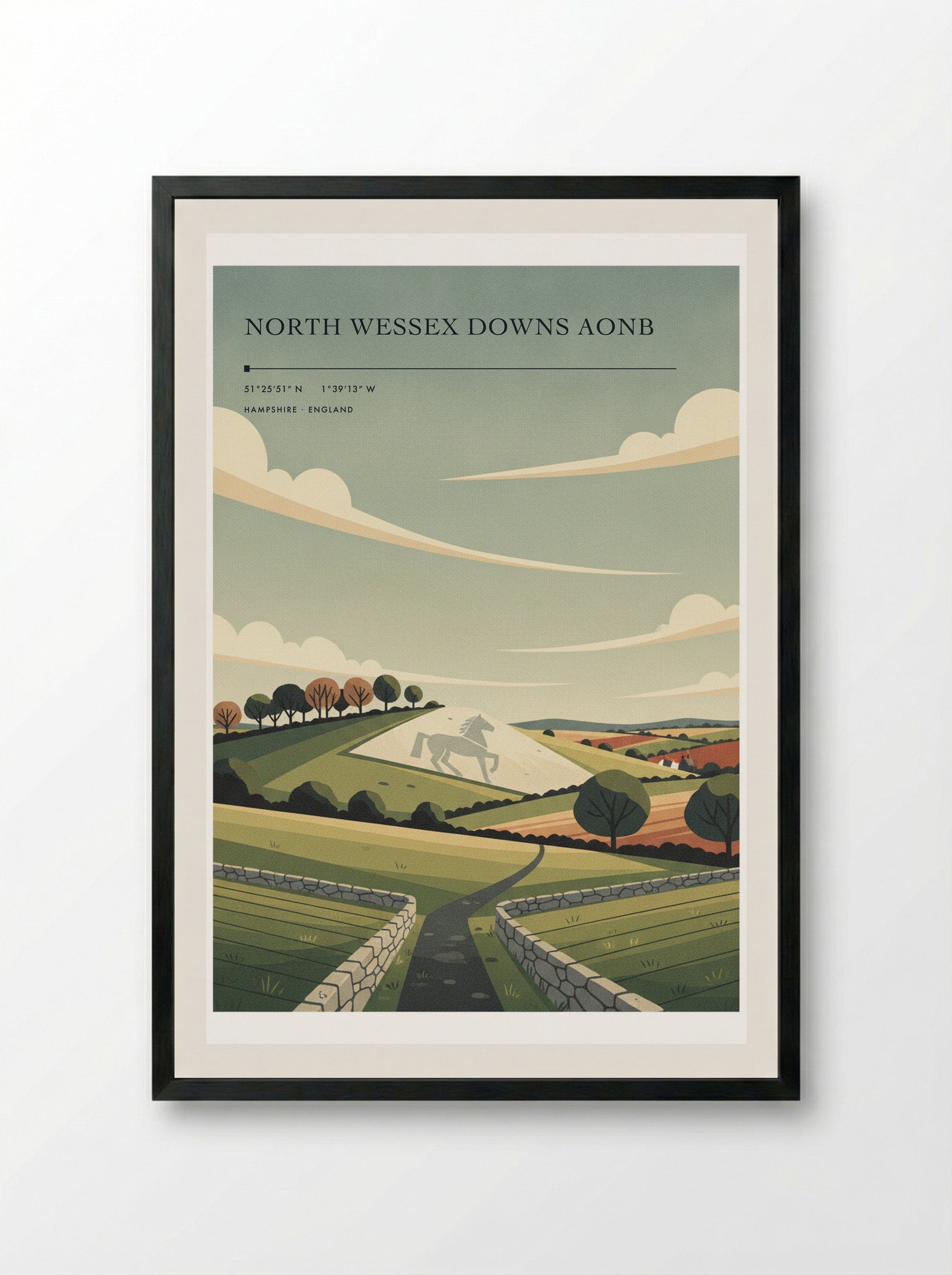 North Wessex Downs AONB Hampshire England Travel Poster - Framed Print Black