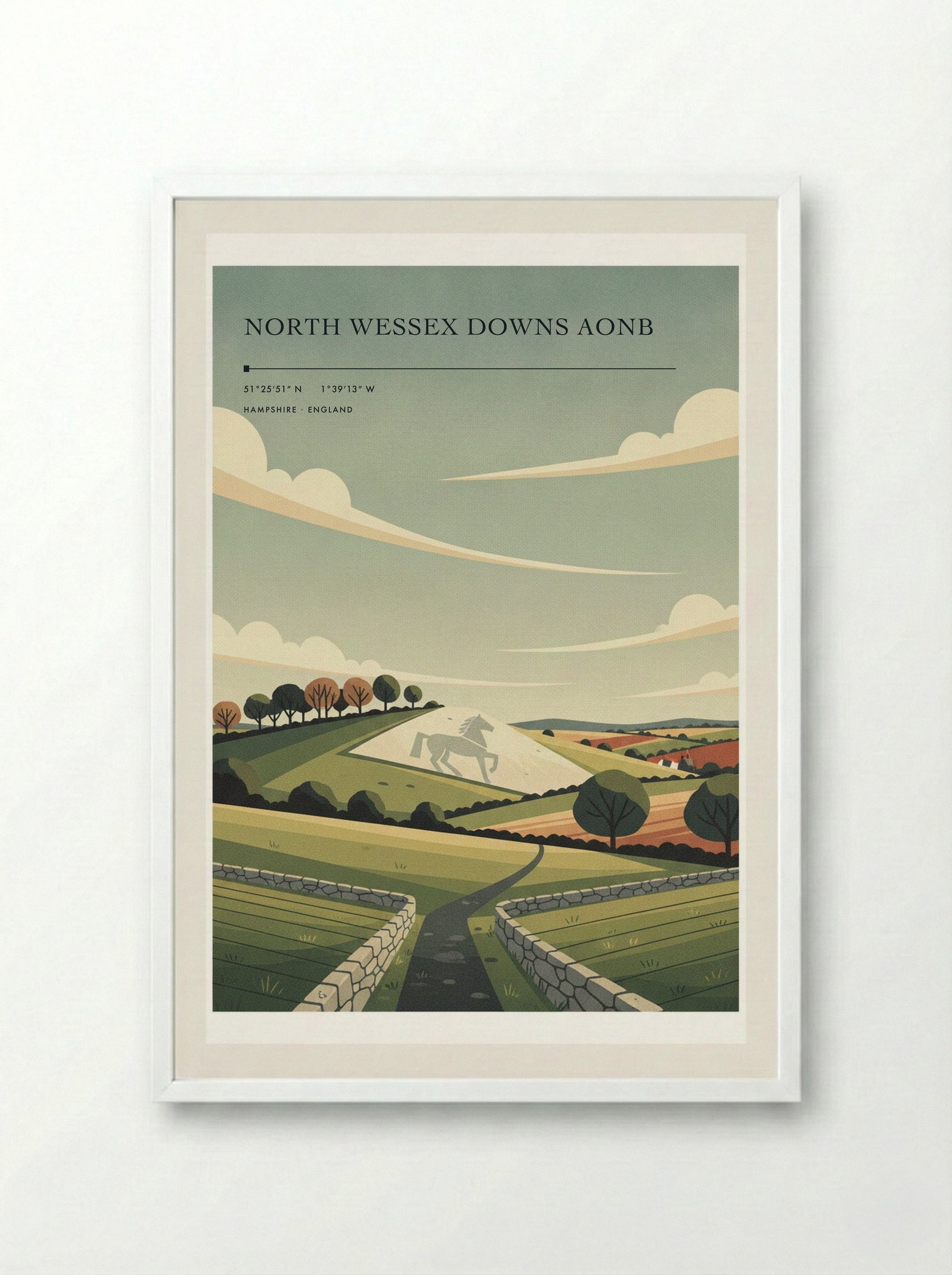 North Wessex Downs AONB Hampshire England Travel Poster - Framed Print White