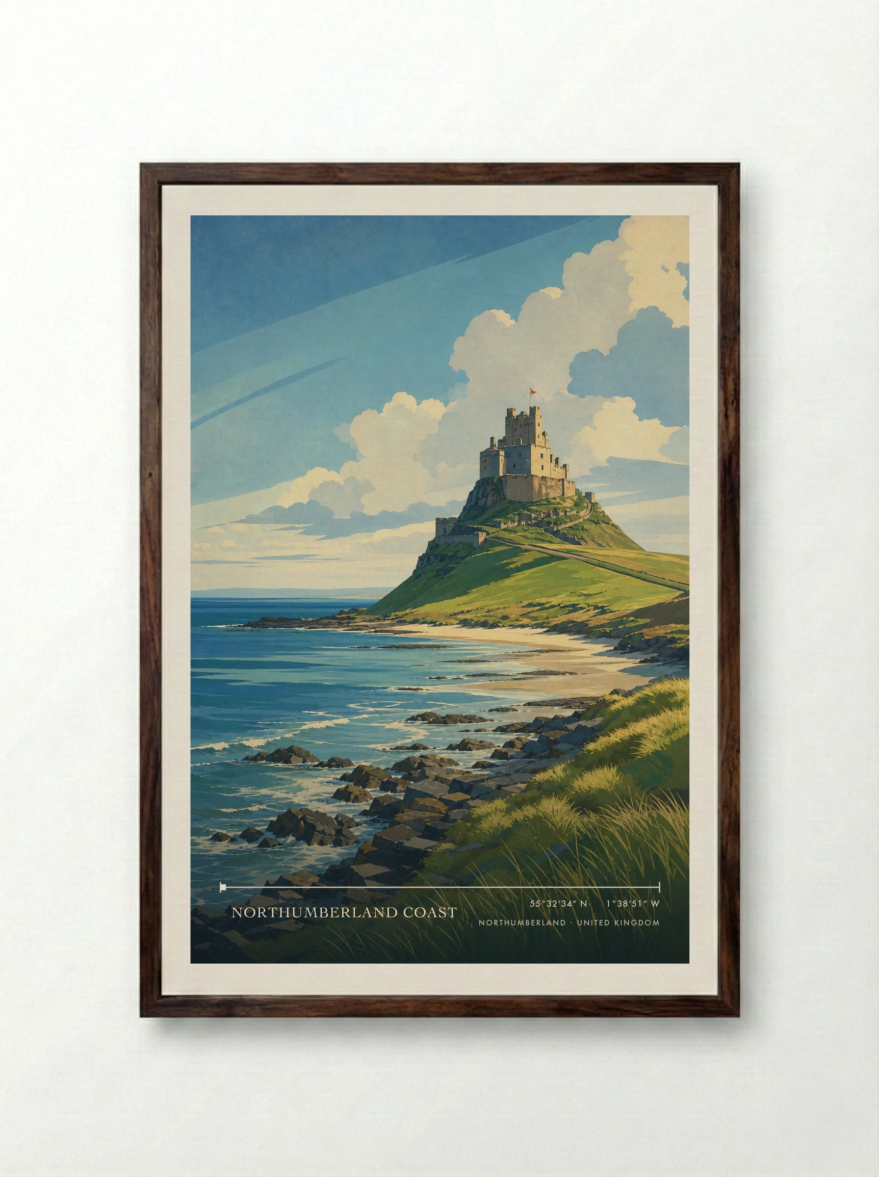 Northumberland Coast United Kingdom Travel Poster - Framed Print Dark Wood
