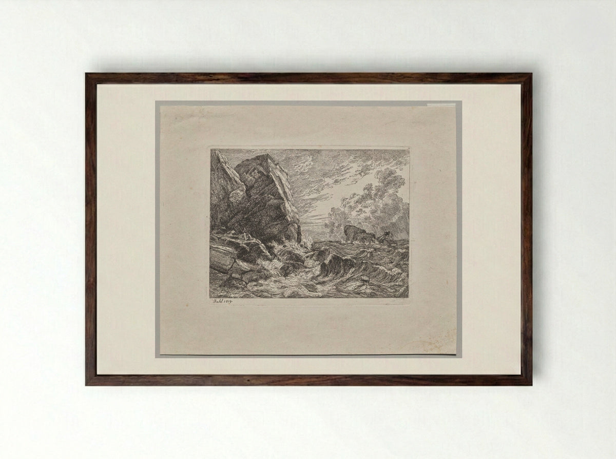 Norwegian Seacoast During a Storm - Johan Christian Clausen Dahl - Framed Print Dark Wood