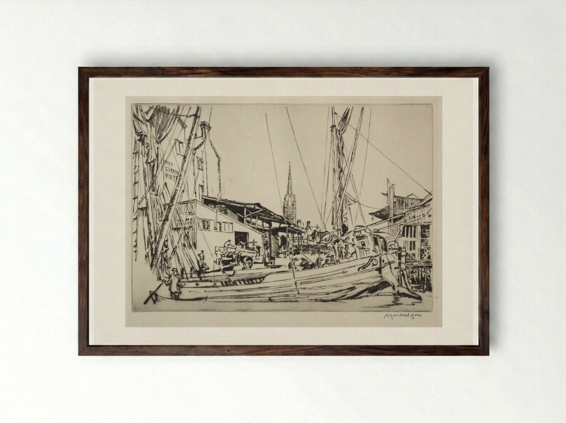 Norwich Cathedral Spire - Muirhead Bone - Framed Print Dark Wood