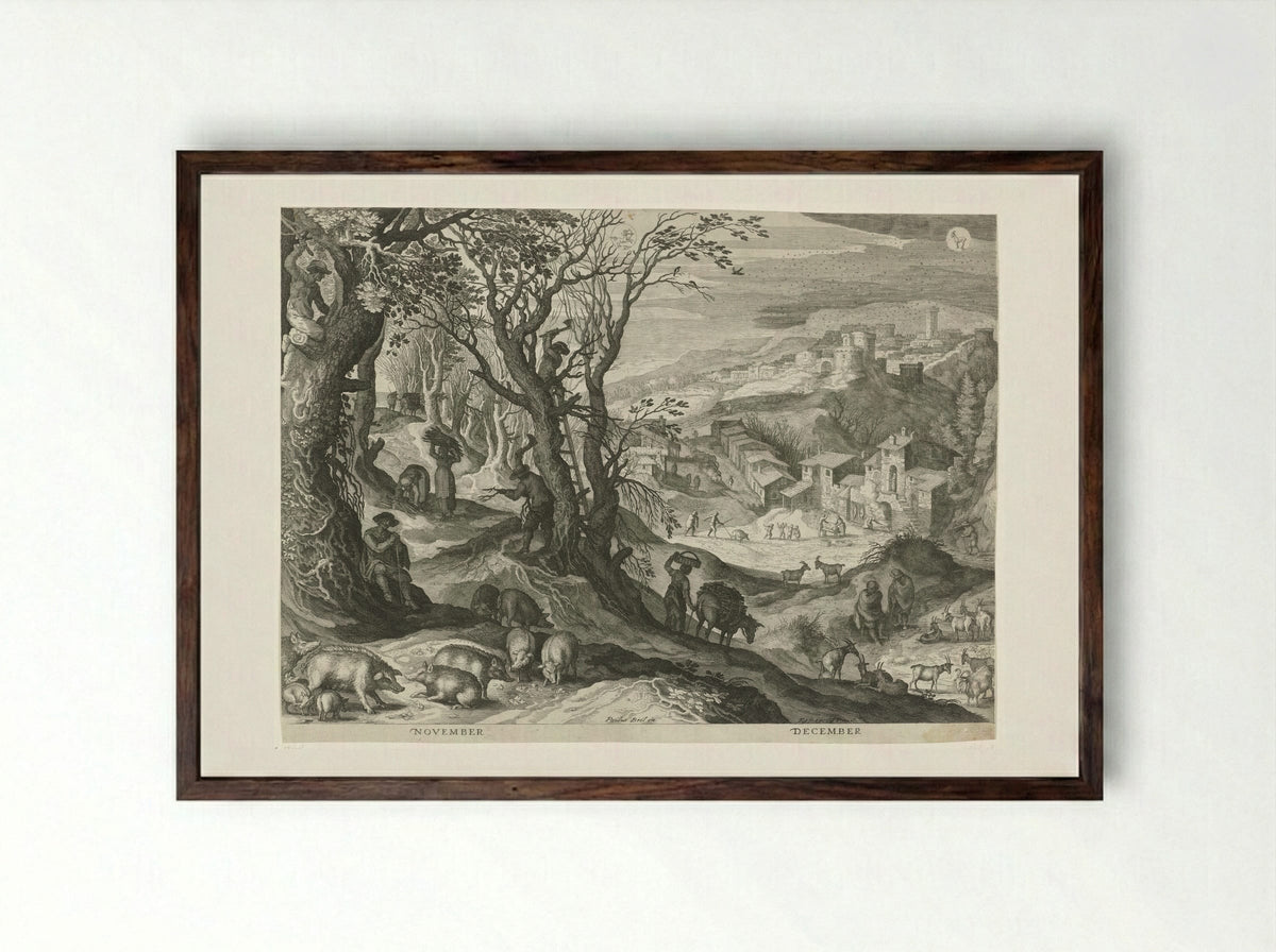 November and December - Aegidius Sadeler (II) - Framed Print Dark Wood