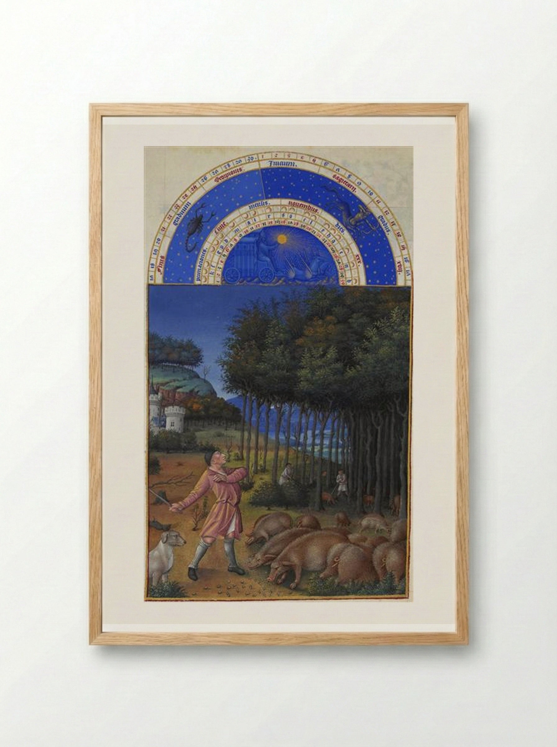 November: Feeding Acorns to the Pigs - Limbourg brothers - Framed Print Wood