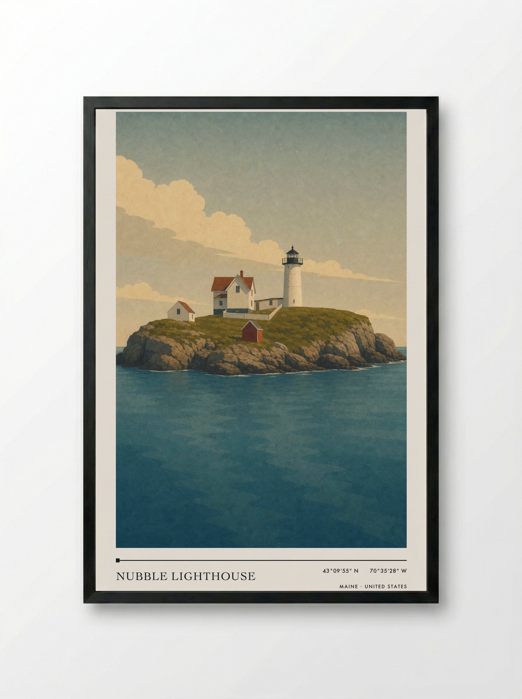 Nubble Lighthouse Travel Poster Artwork - Framed Print Black
