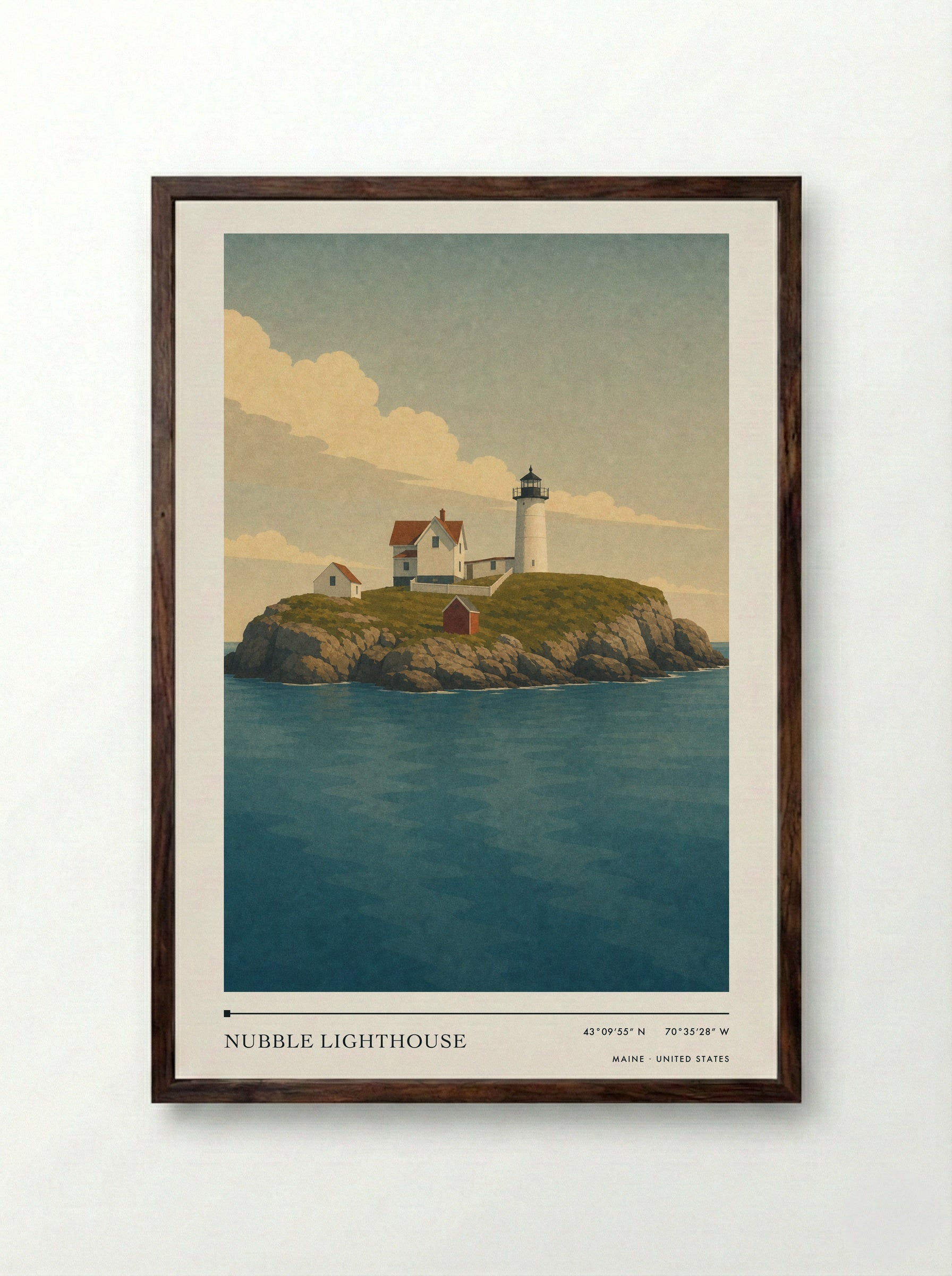 Nubble Lighthouse Travel Poster Artwork - Framed Print Dark Wood