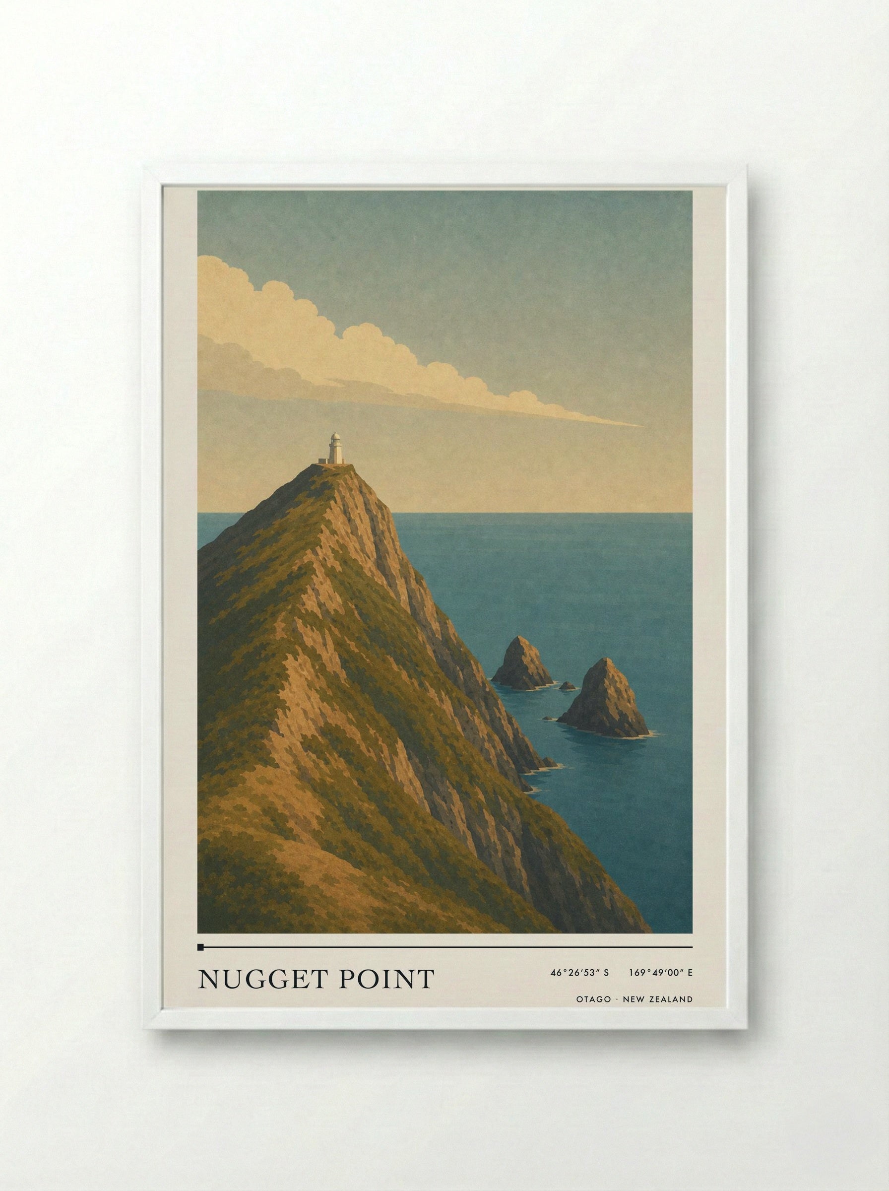 Nugget Point Travel Poster Artwork - Framed Print White