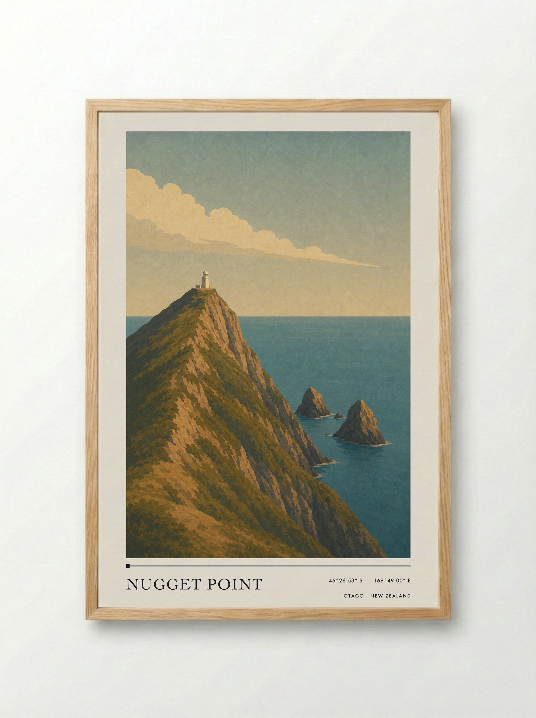 Nugget Point Travel Poster Artwork - Framed Print Wood