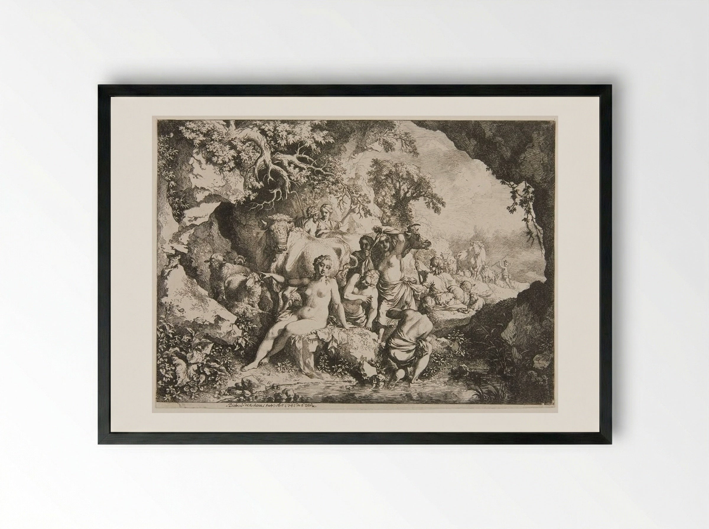 Nymphs Bathing Near a Cave - Christian Wilhelm Ernst Dietrich - Framed Print Black