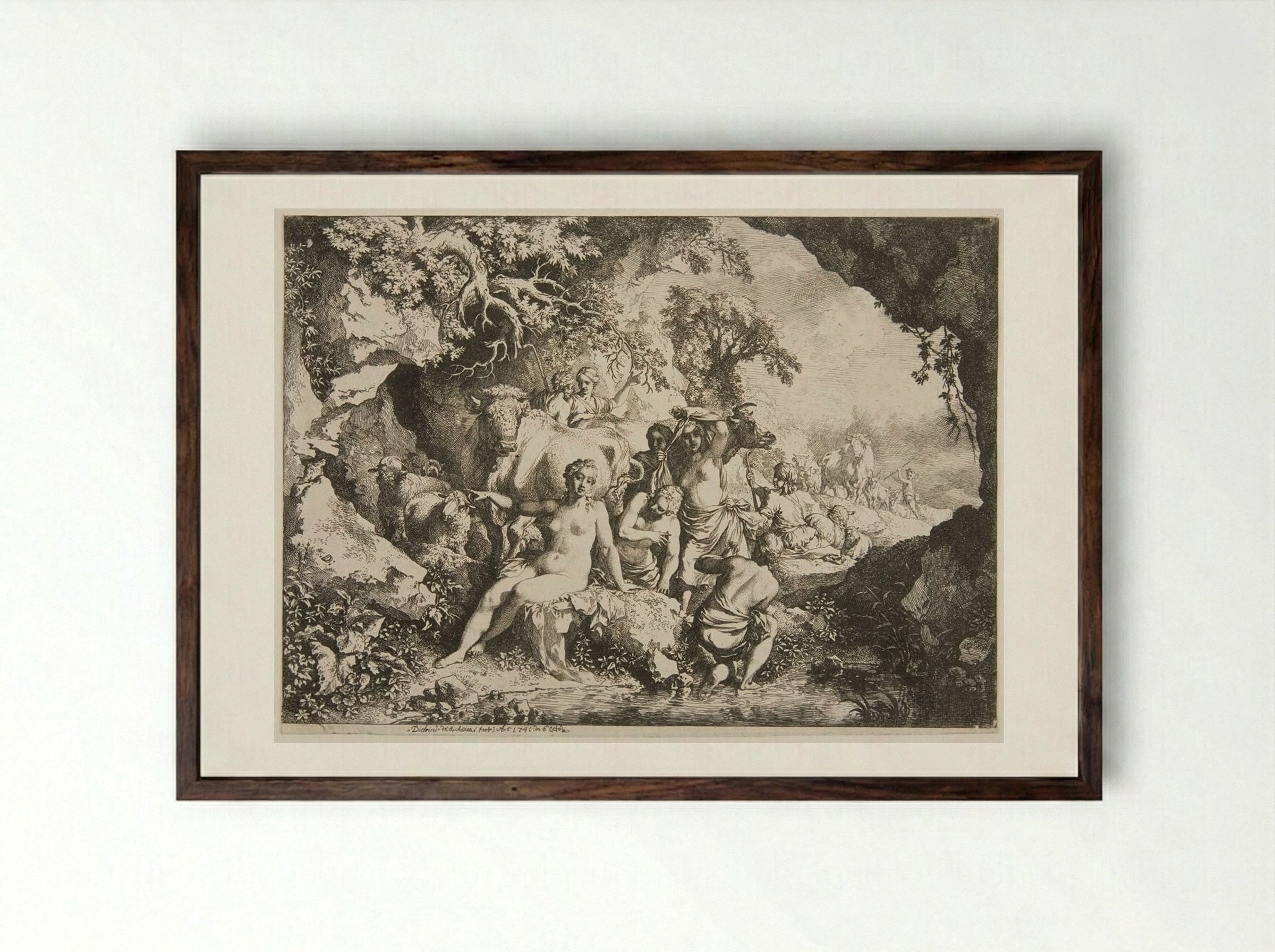 Nymphs Bathing Near a Cave - Christian Wilhelm Ernst Dietrich - Framed Print Dark Wood