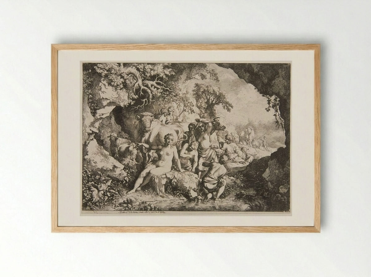 Nymphs Bathing Near a Cave - Christian Wilhelm Ernst Dietrich - Framed Print Wood