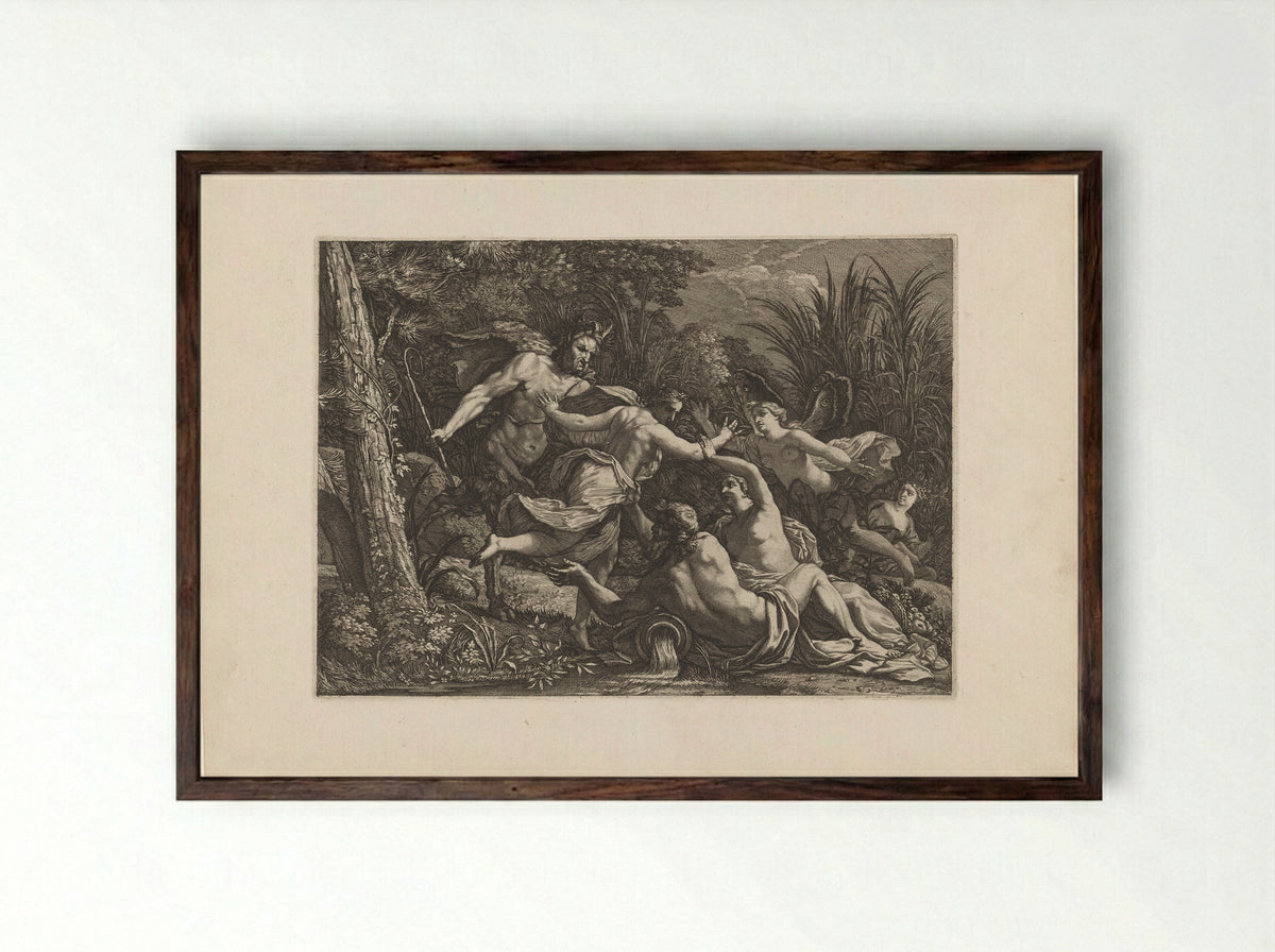 Nymphs, Satyr and River God in a Forest - François Tortebat - Framed Print Dark Wood