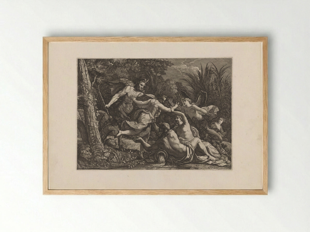 Nymphs, Satyr and River God in a Forest - François Tortebat - Framed Print Wood