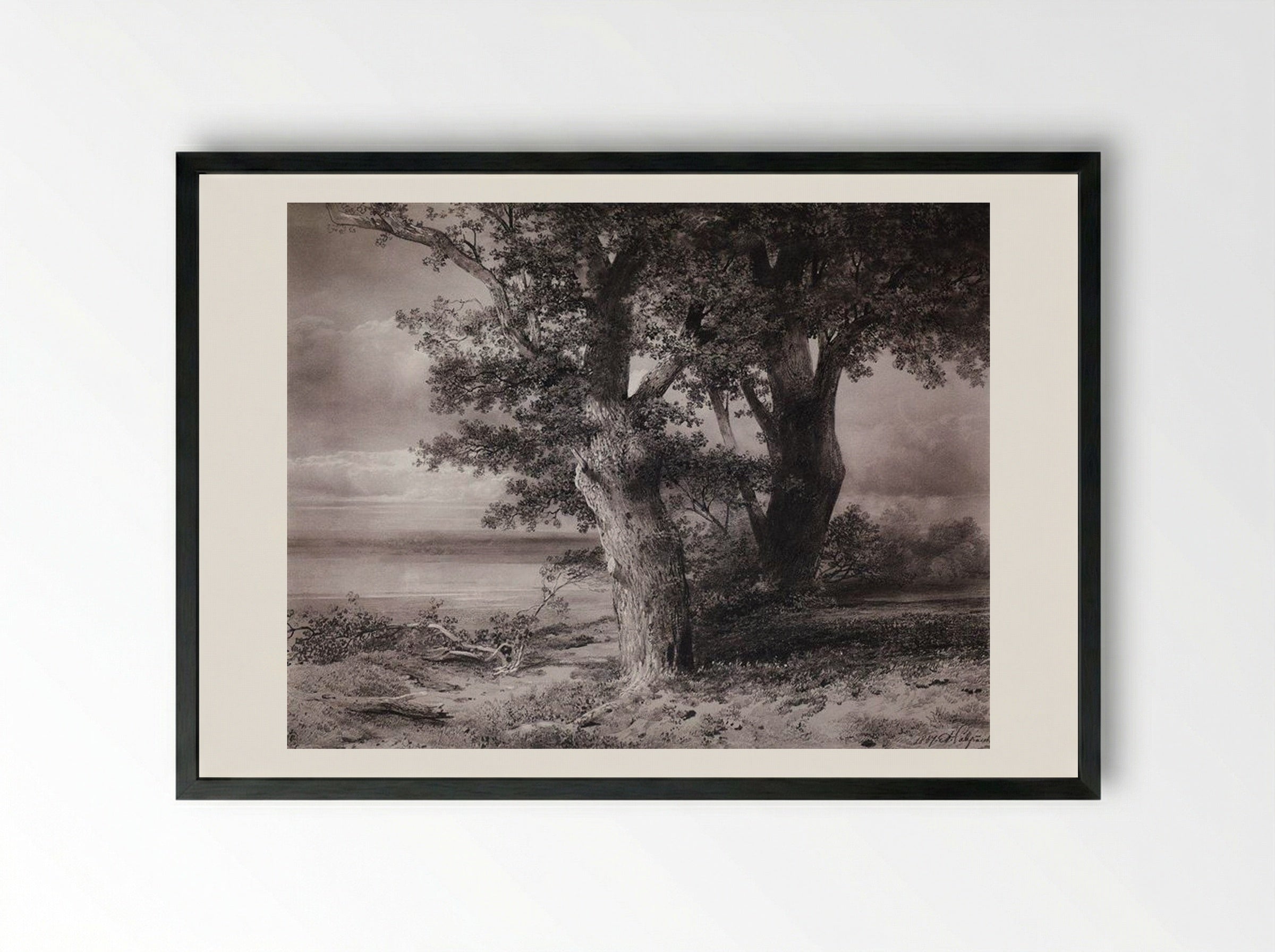 Oaks on the shore - Aleksey Savrasov - Framed Print Black